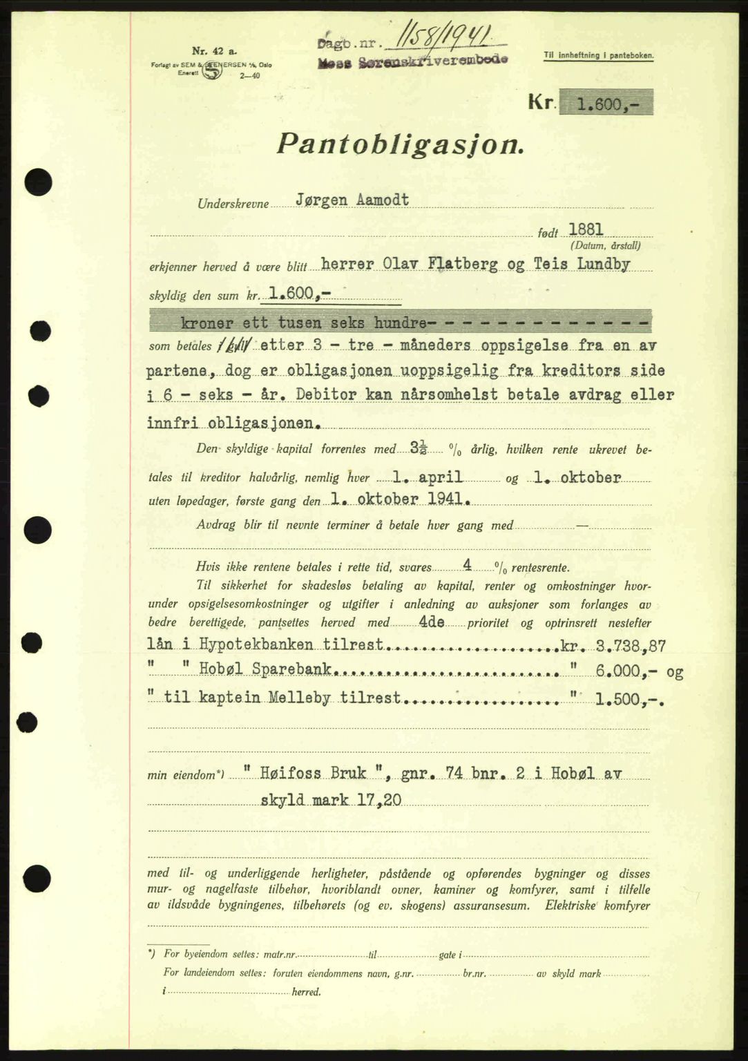 Moss sorenskriveri, SAO/A-10168: Mortgage book no. B10, 1940-1941, Diary no: : 1158/1941