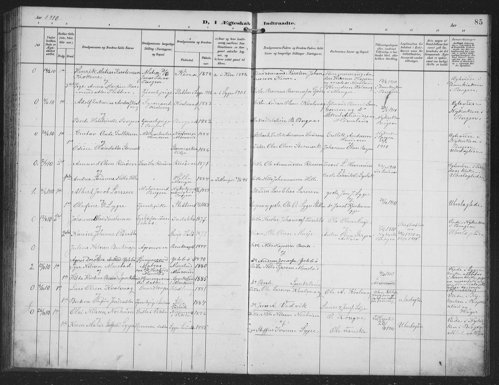 Alversund Sokneprestembete, SAB/A-73901/H/Ha/Hab: Parish register (copy) no. B 4, 1897-1914, p. 85