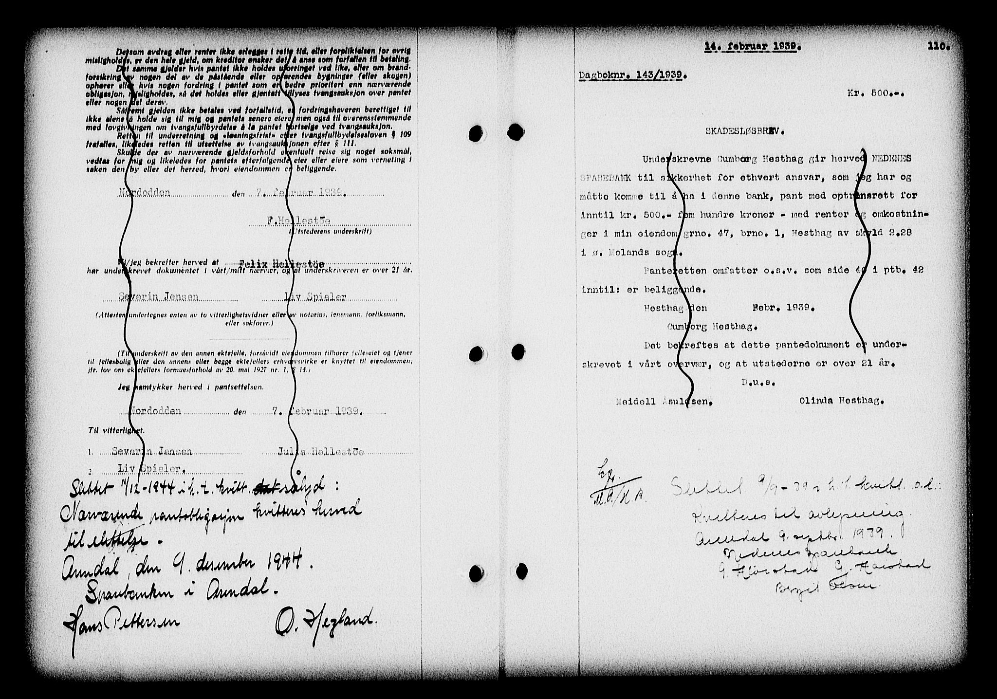 Nedenes sorenskriveri, AV/SAK-1221-0006/G/Gb/Gba/L0046: Mortgage book no. 42, 1938-1939, Diary no: : 143/1939