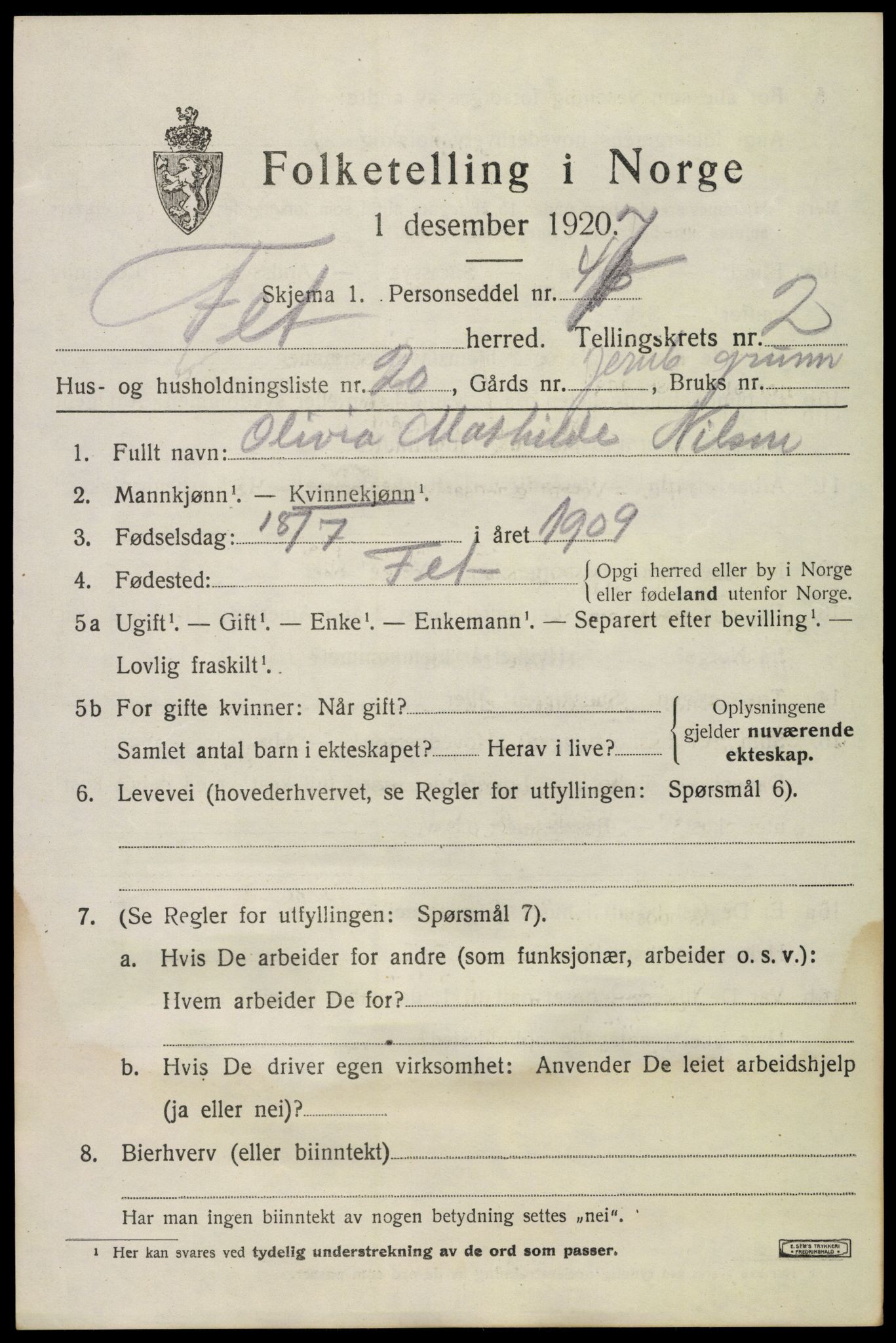 SAO, 1920 census for Fet, 1920, p. 3046