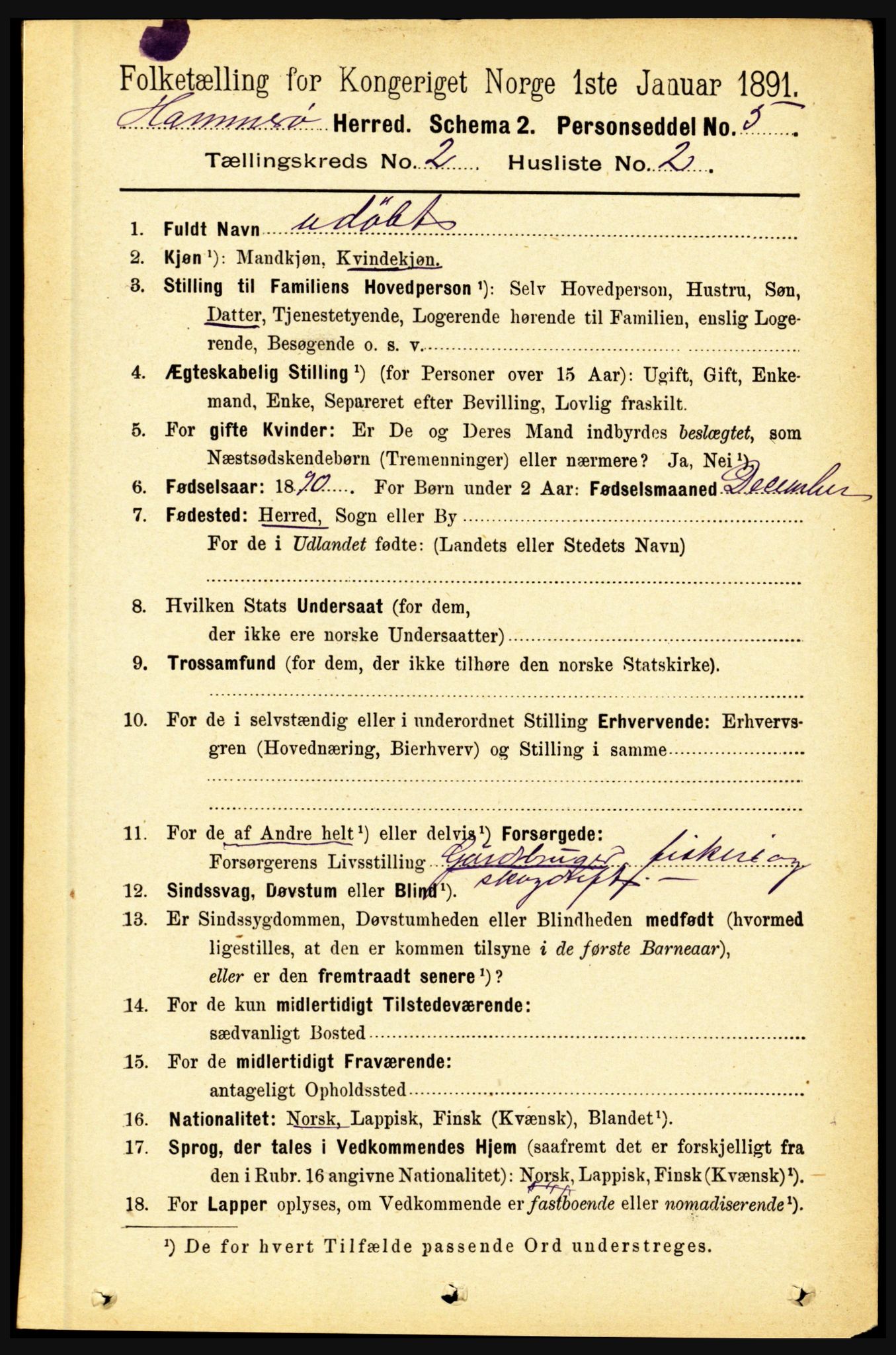 RA, 1891 census for 1849 Hamarøy, 1891, p. 588