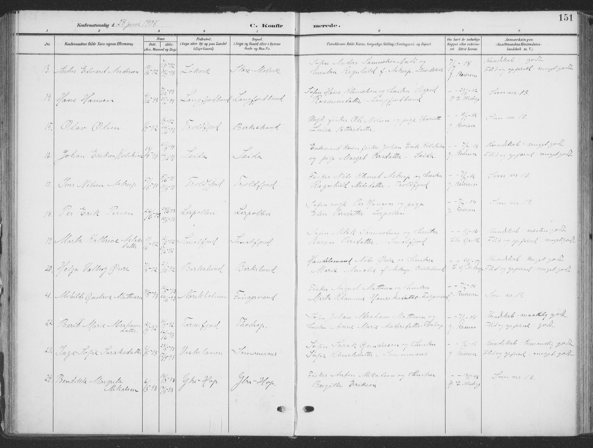 Tana sokneprestkontor, SATØ/S-1334/H/Ha/L0007kirke: Parish register (official) no. 7, 1904-1918, p. 151
