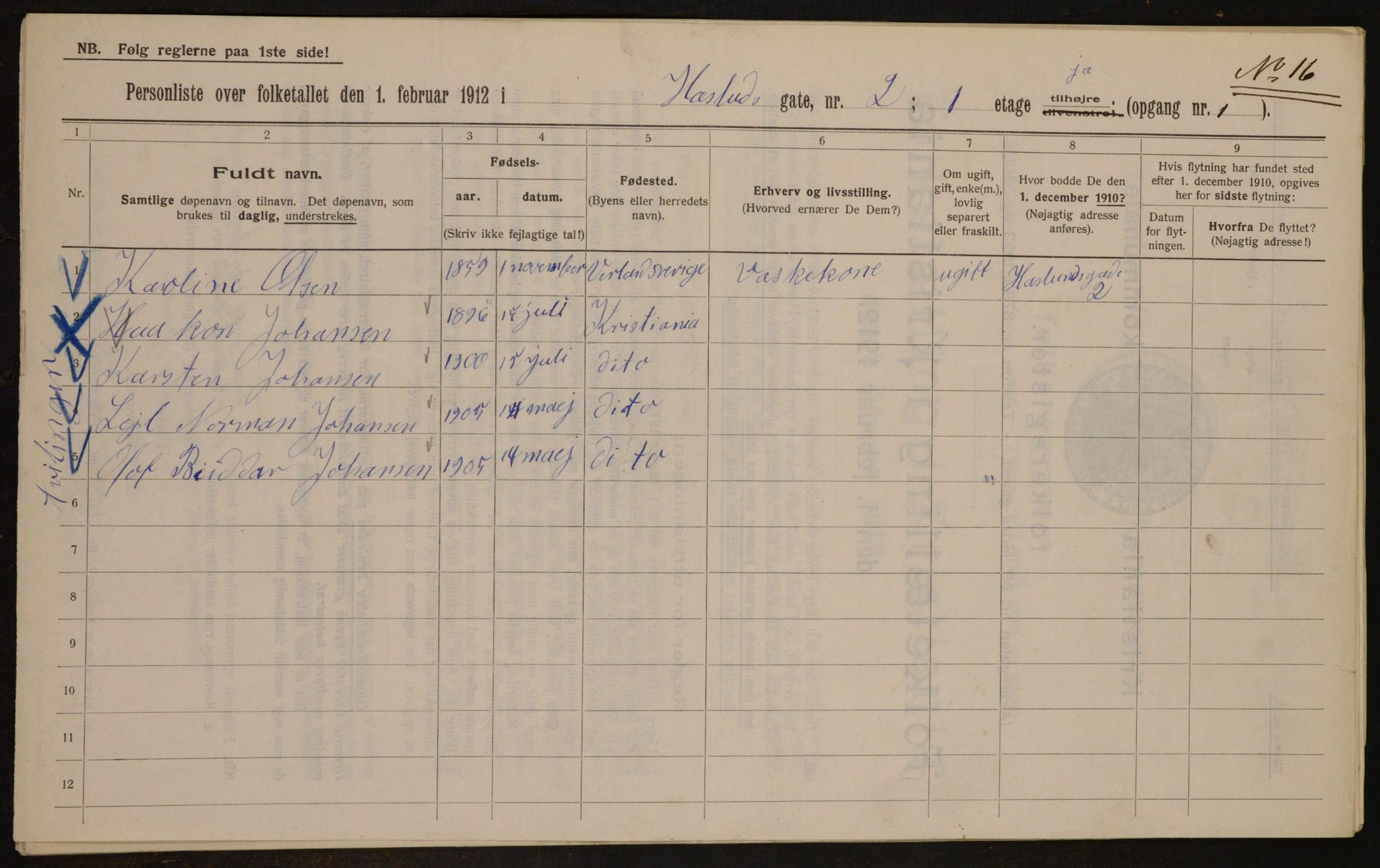 OBA, Municipal Census 1912 for Kristiania, 1912, p. 35254