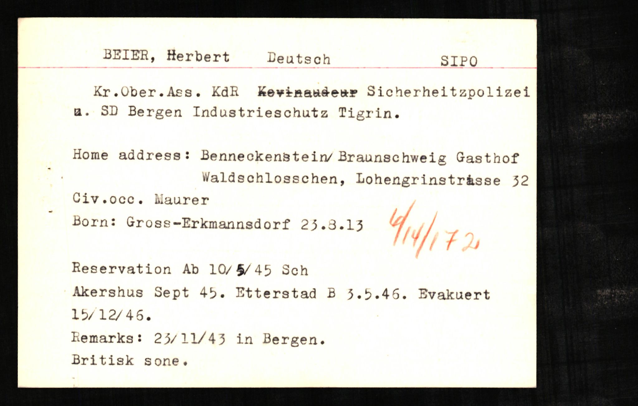 Forsvaret, Forsvarets overkommando II, AV/RA-RAFA-3915/D/Db/L0002: CI Questionaires. Tyske okkupasjonsstyrker i Norge. Tyskere., 1945-1946, p. 482