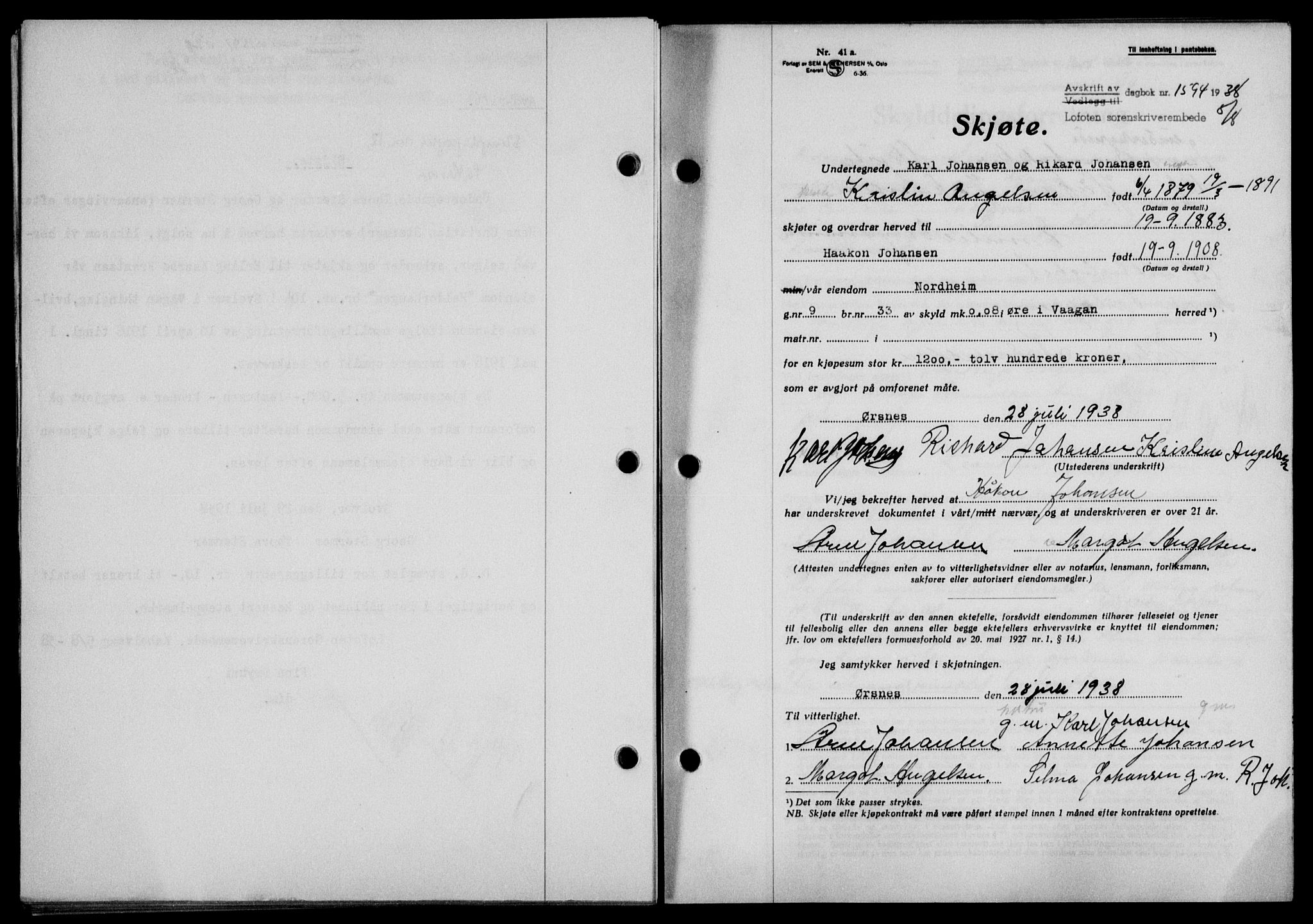 Lofoten sorenskriveri, SAT/A-0017/1/2/2C/L0004a: Mortgage book no. 4a, 1938-1938, Diary no: : 1594/1938