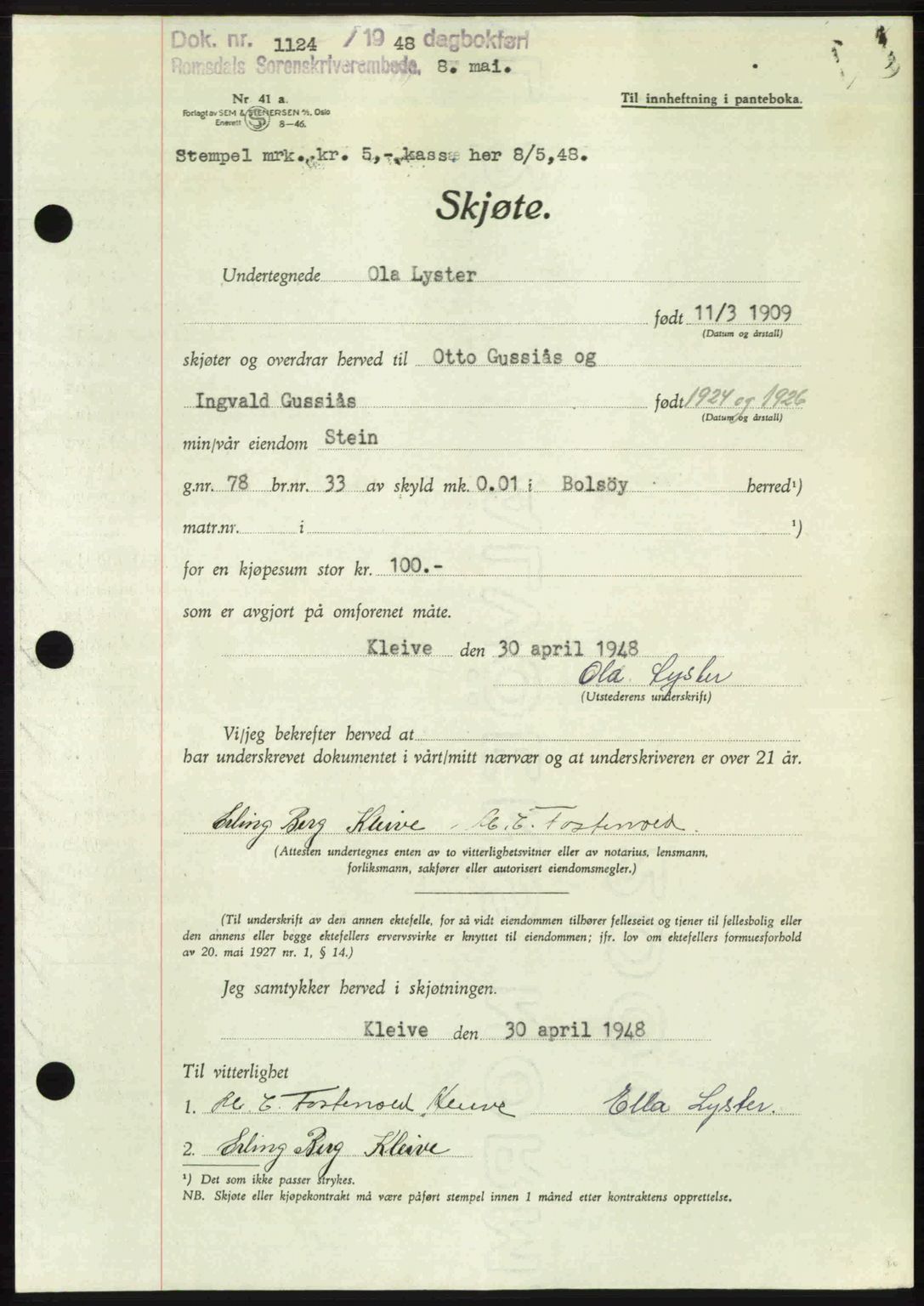 Romsdal sorenskriveri, AV/SAT-A-4149/1/2/2C: Mortgage book no. A26, 1948-1948, Diary no: : 1124/1948