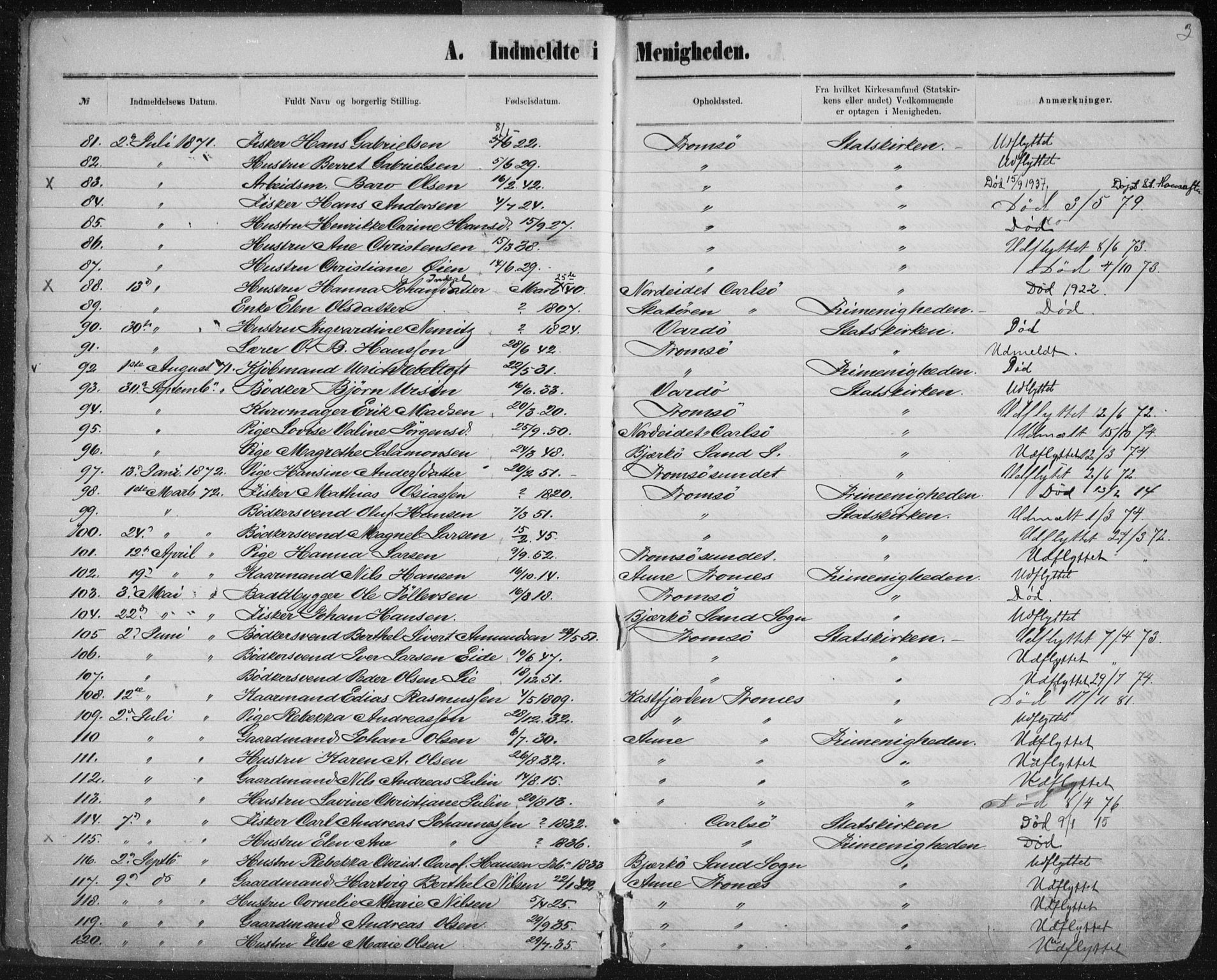 Uten arkivreferanse, SATØ/-: Dissenter register no. DP 3, 1871-1893, p. 3