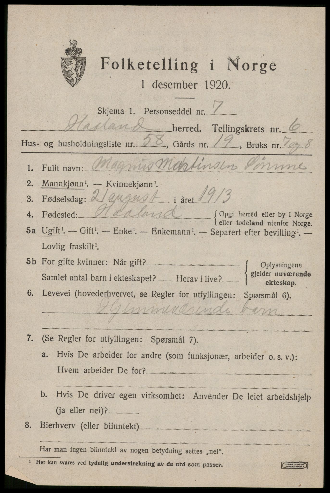 SAST, 1920 census for Håland, 1920, p. 5689