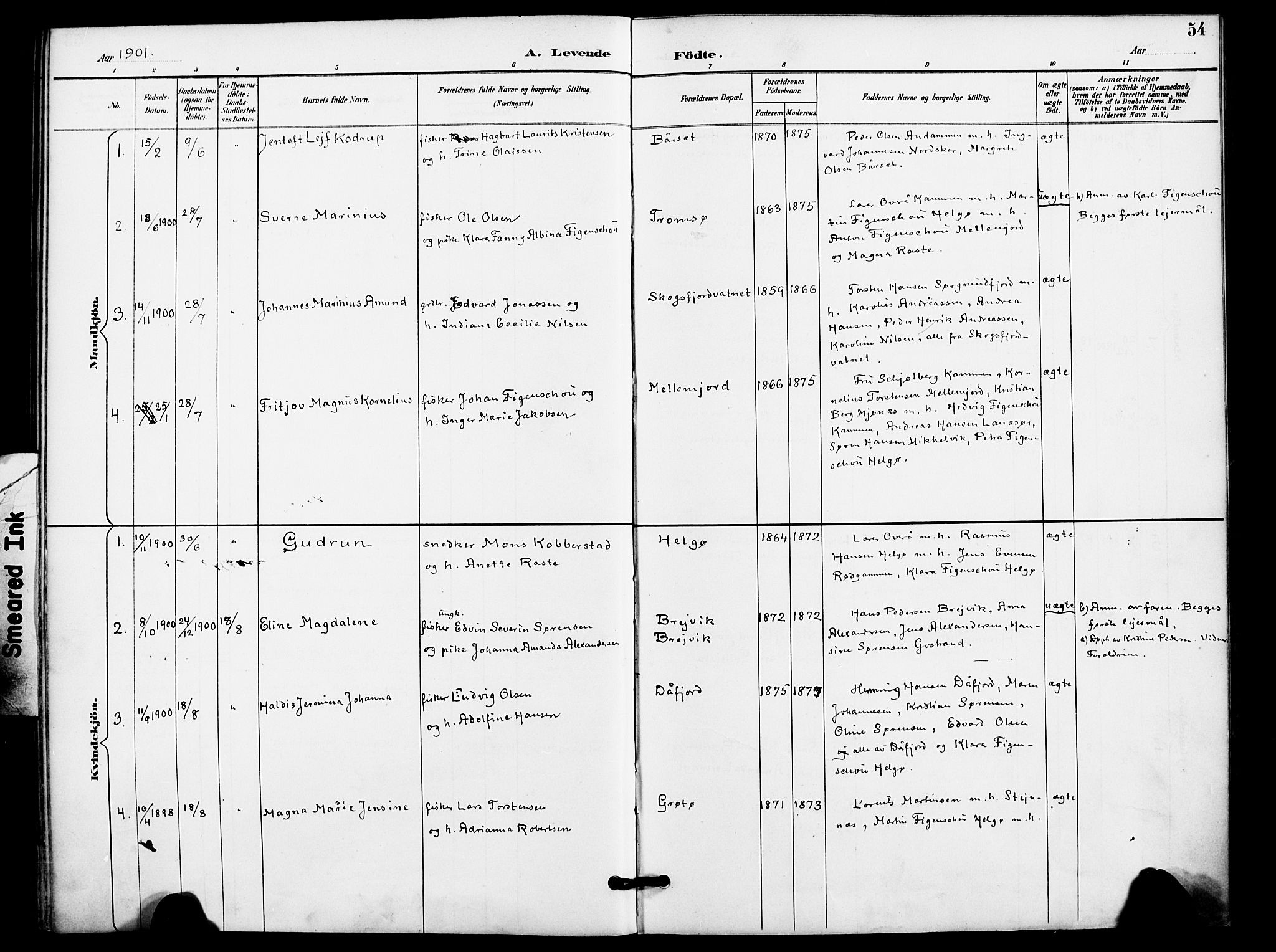 Karlsøy sokneprestembete, AV/SATØ-S-1299/H/Ha/Haa/L0012kirke: Parish register (official) no. 12, 1892-1902, p. 54