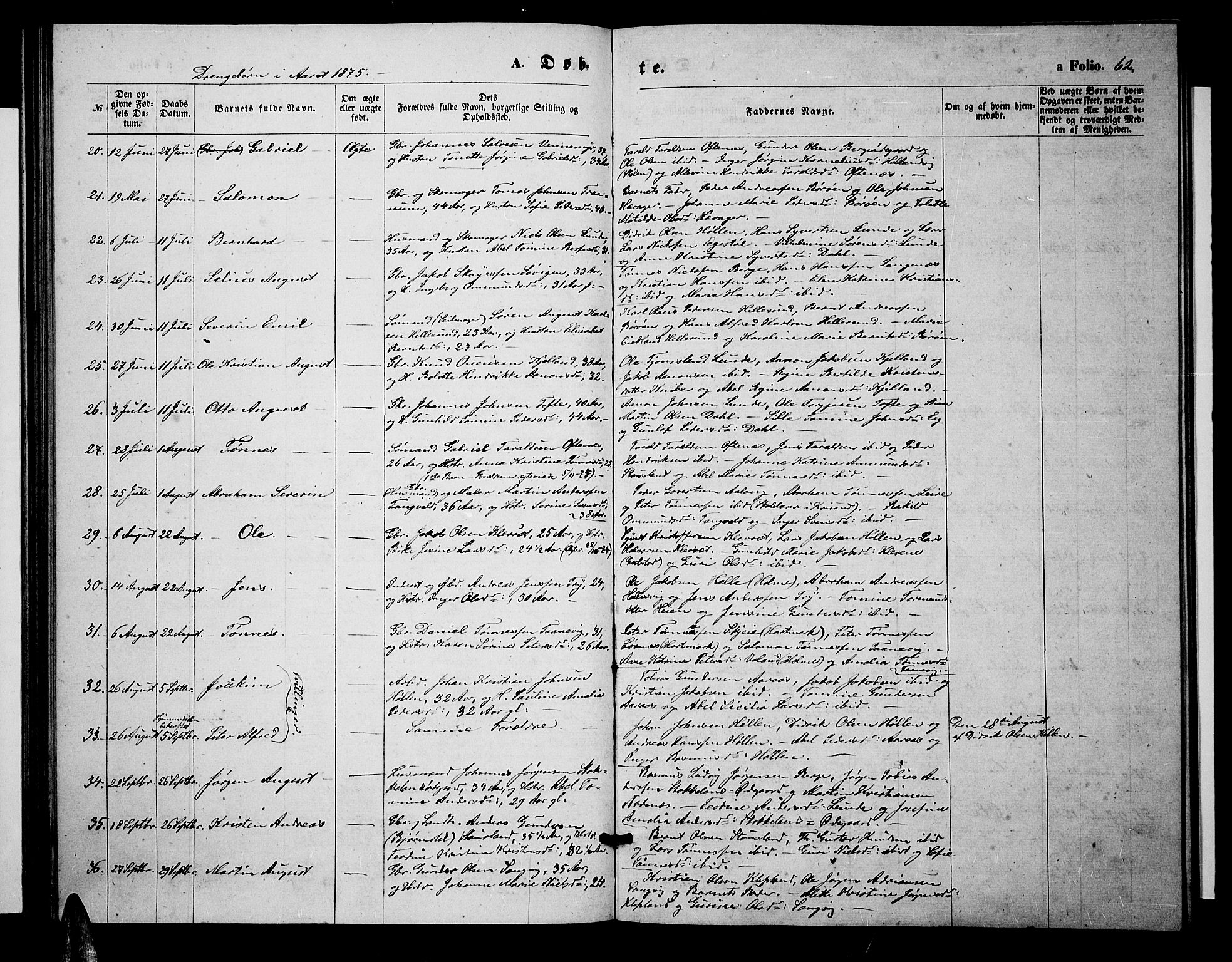 Søgne sokneprestkontor, SAK/1111-0037/F/Fb/Fbb/L0004: Parish register (copy) no. B 4, 1864-1883, p. 62