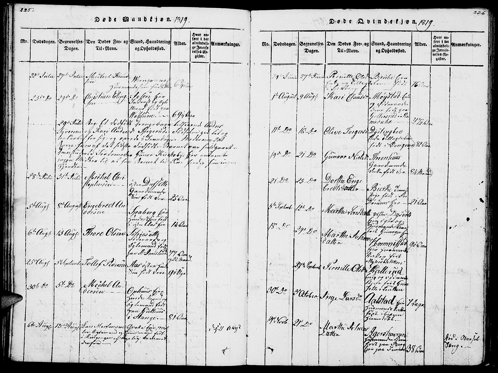 Vang prestekontor, Hedmark, SAH/PREST-008/H/Ha/Haa/L0007: Parish register (official) no. 7, 1813-1826, p. 225-226