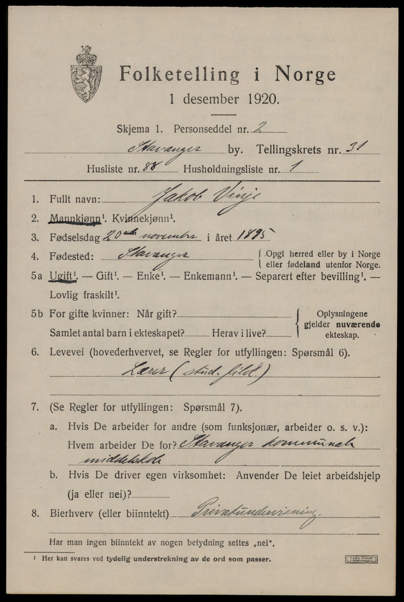SAST, 1920 census for Stavanger, 1920, p. 88338