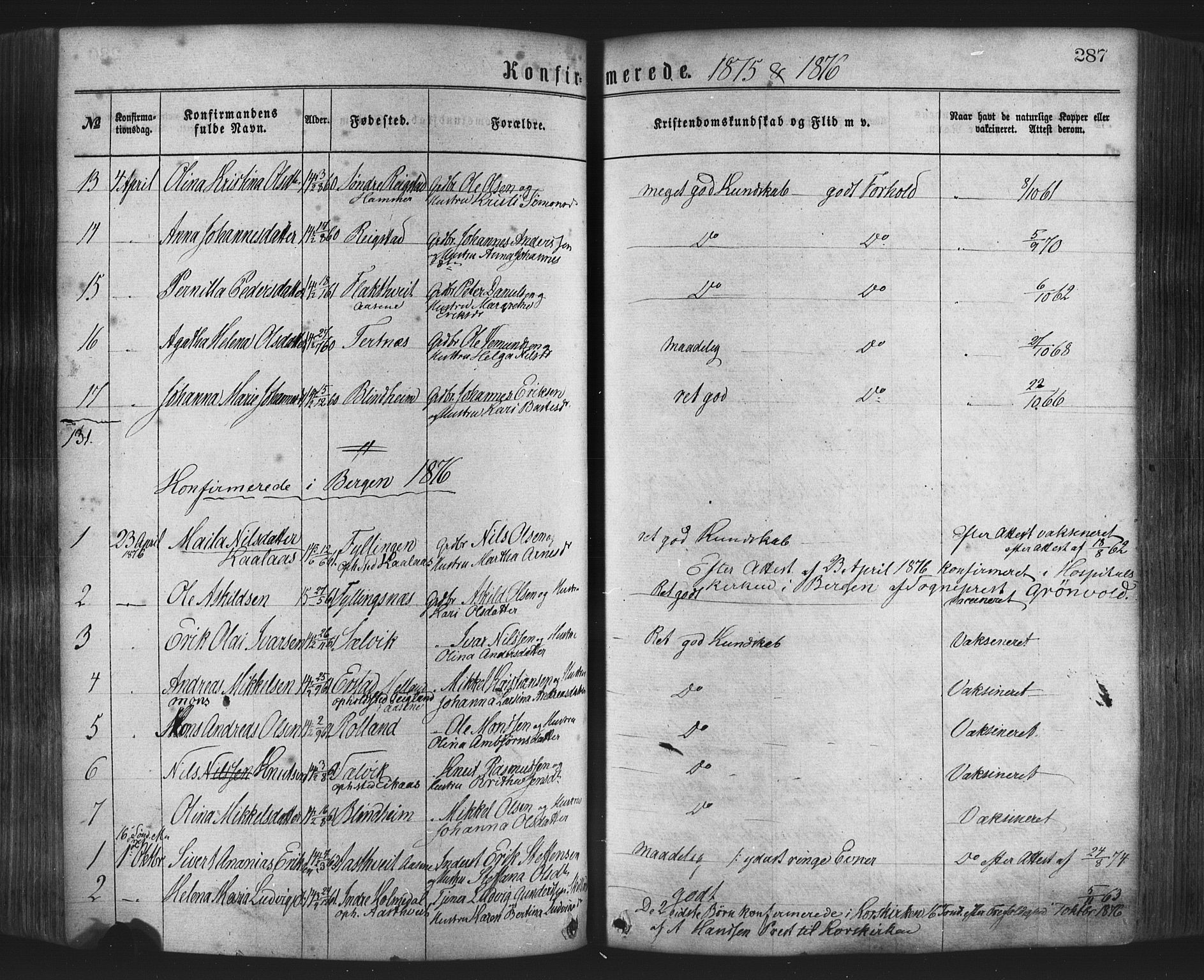 Hamre sokneprestembete, SAB/A-75501/H/Ha/Haa/Haaa/L0015: Parish register (official) no. A 15, 1870-1881, p. 287