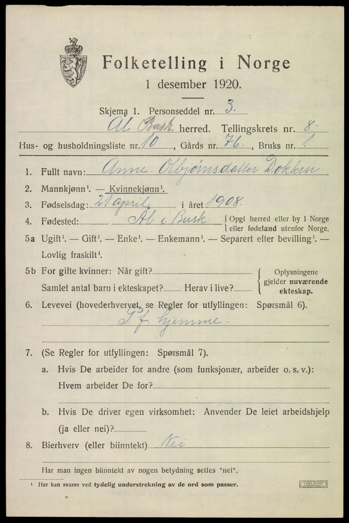 SAKO, 1920 census for Ål, 1920, p. 5428