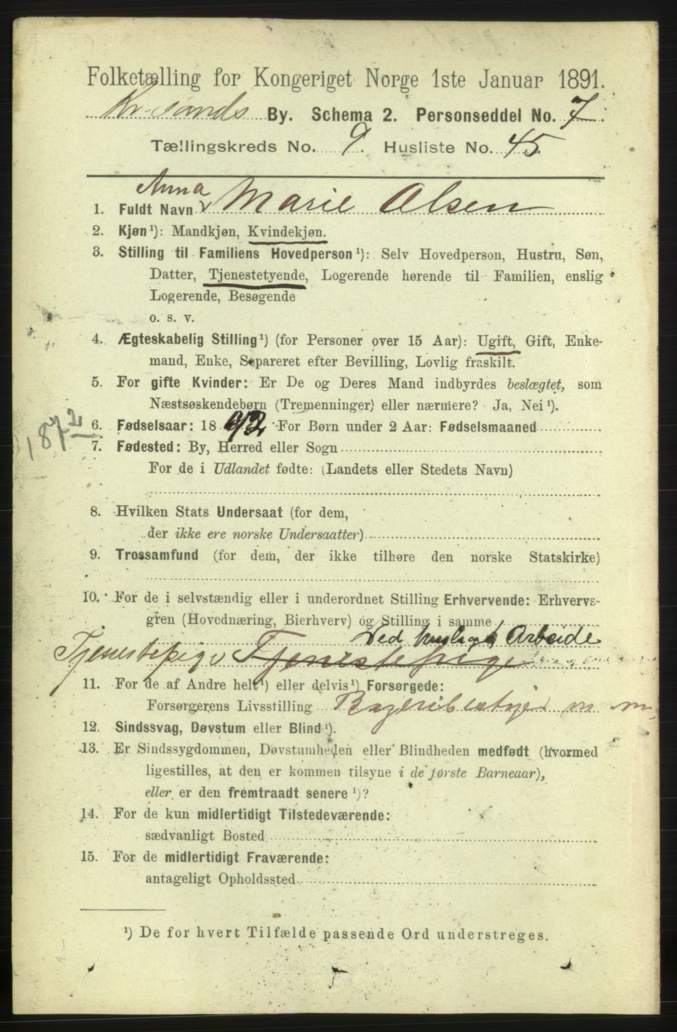 RA, 1891 census for 1001 Kristiansand, 1891, p. 5397