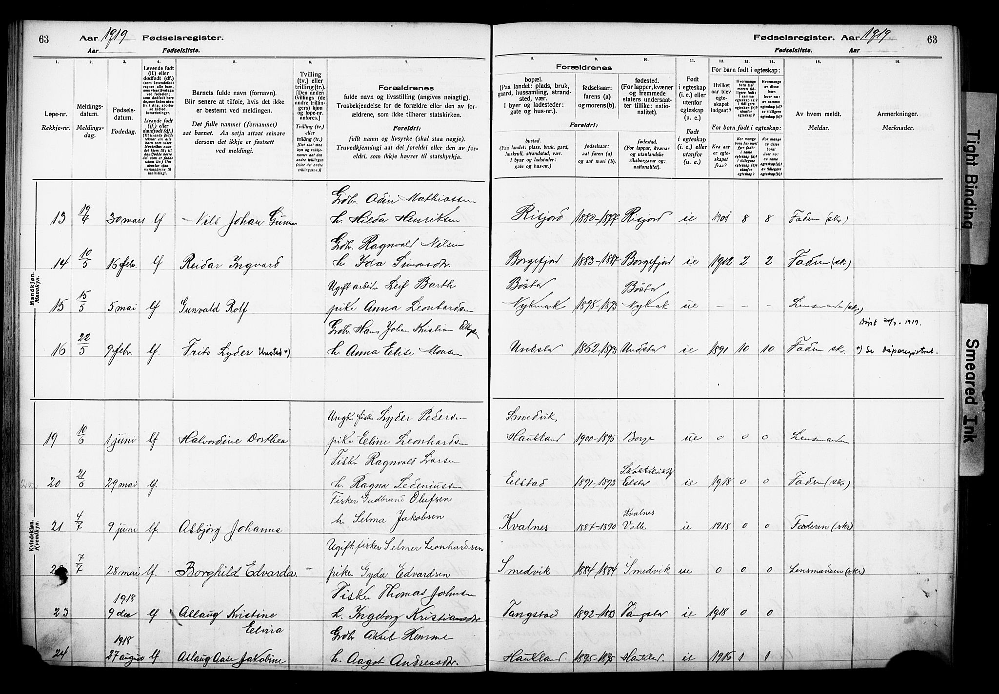 Ministerialprotokoller, klokkerbøker og fødselsregistre - Nordland, SAT/A-1459/880/L1145: Birth register no. 880.II.4.1, 1916-1929, p. 63