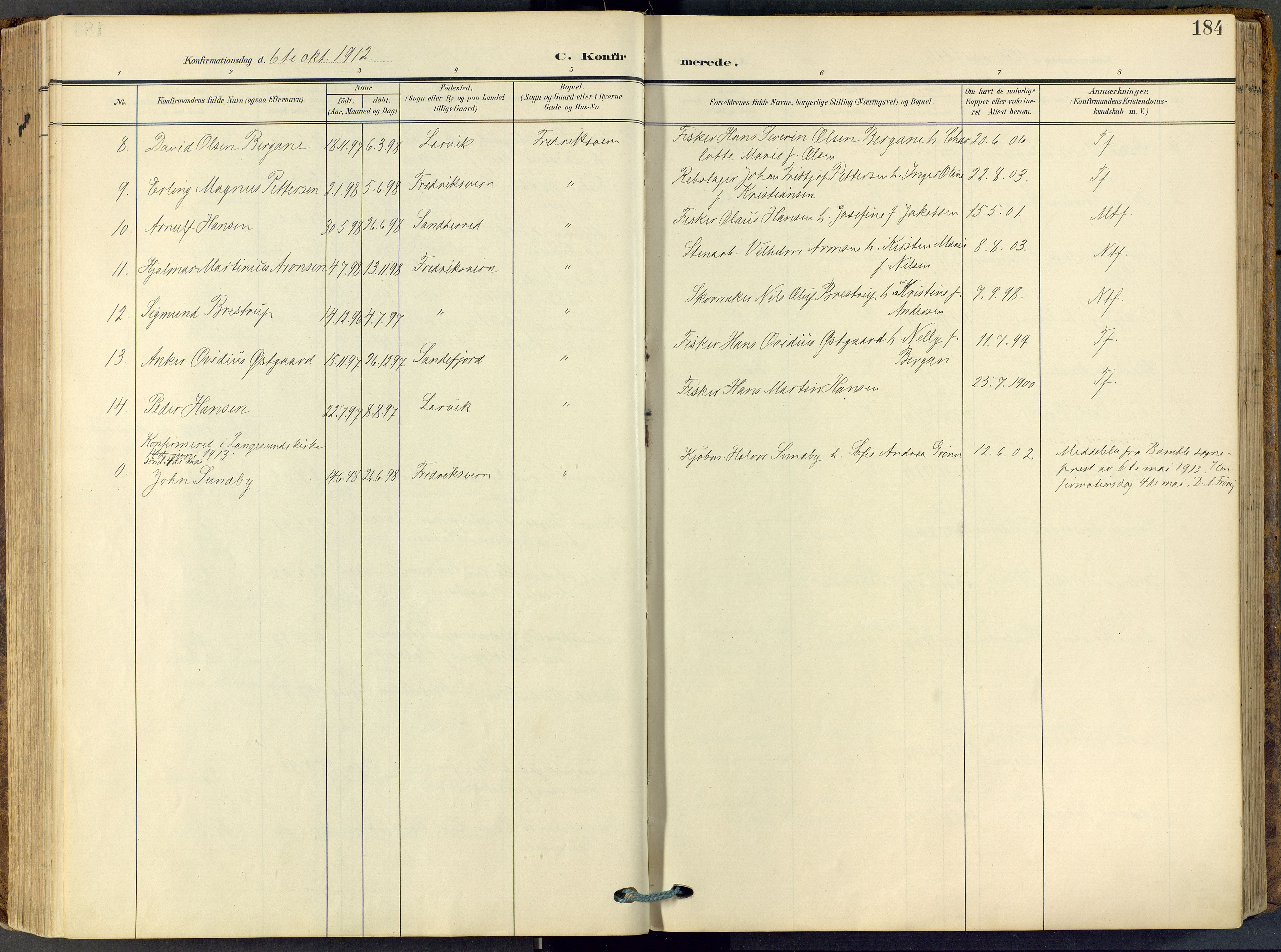 Stavern kirkebøker, SAKO/A-318/F/Fa/L0009: Parish register (official) no. 9, 1906-1955, p. 184