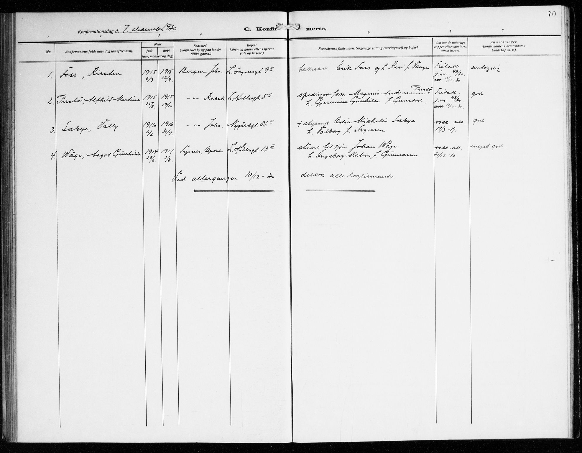 St. Jacob sokneprestembete, AV/SAB-A-78001/H/Haa/L0003: Parish register (official) no. B 1, 1917-1942, p. 70