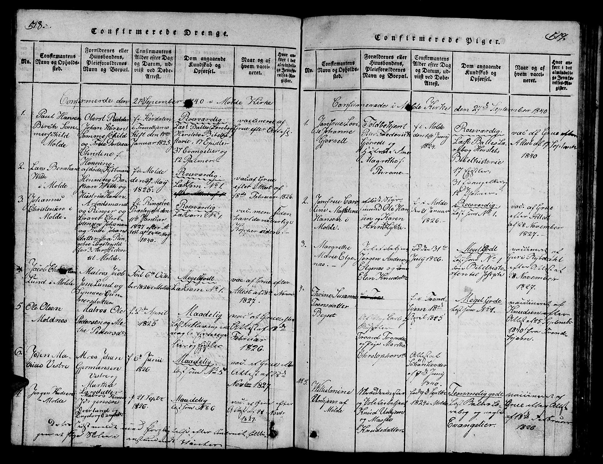 Ministerialprotokoller, klokkerbøker og fødselsregistre - Møre og Romsdal, SAT/A-1454/558/L0700: Parish register (copy) no. 558C01, 1818-1868, p. 518-519