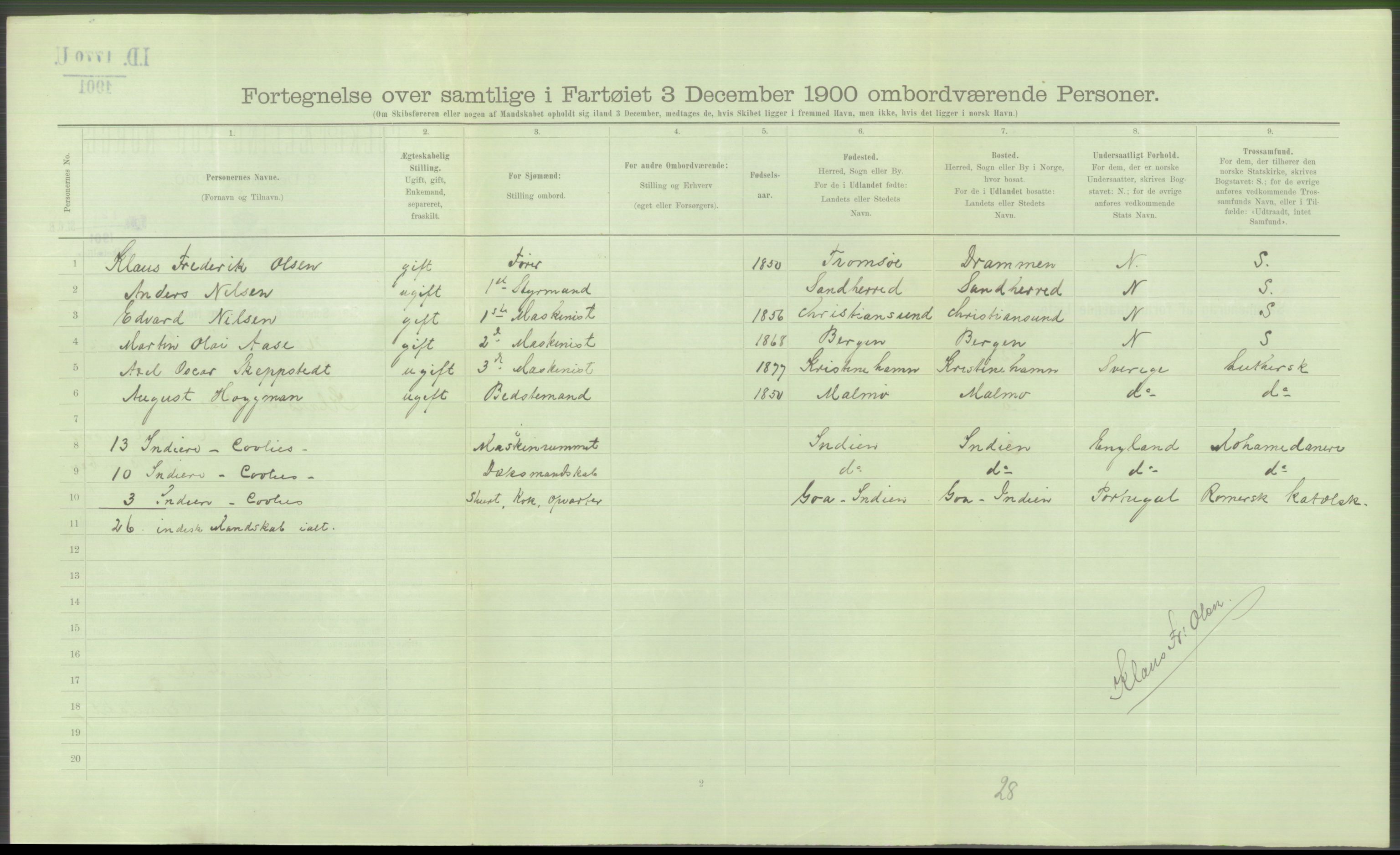 RA, 1900 Census - ship lists from ships in Norwegian harbours, harbours abroad and at sea, 1900, p. 6204