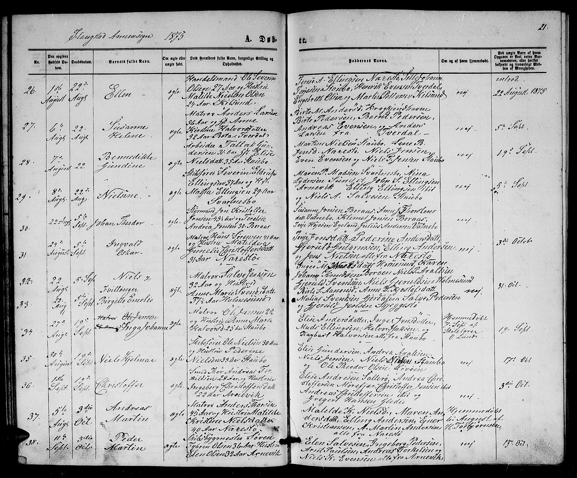 Dypvåg sokneprestkontor, AV/SAK-1111-0007/F/Fb/Fbb/L0003: Parish register (copy) no. B 3, 1872-1886, p. 21