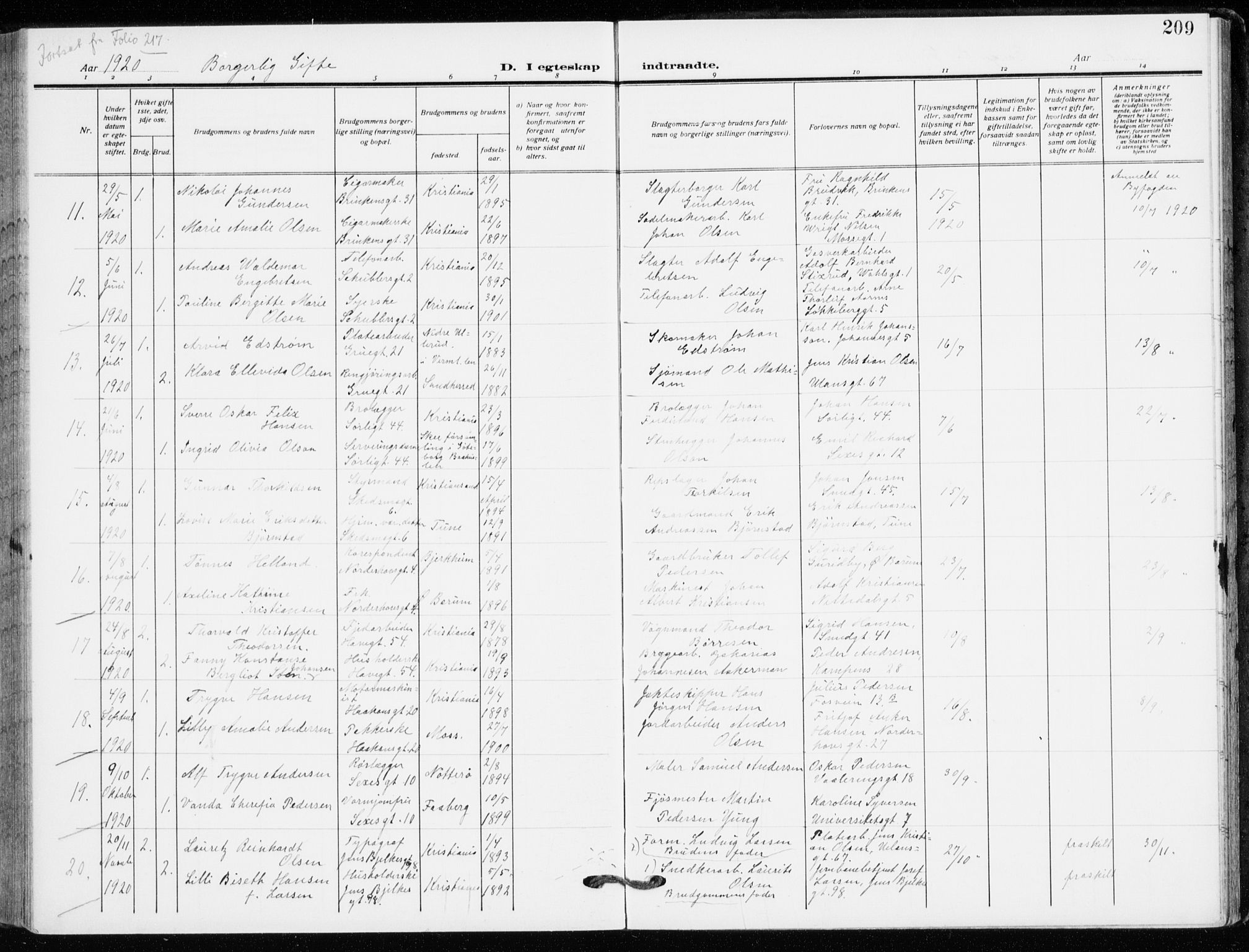 Kampen prestekontor Kirkebøker, SAO/A-10853/F/Fa/L0013: Parish register (official) no. I 13, 1917-1922, p. 209