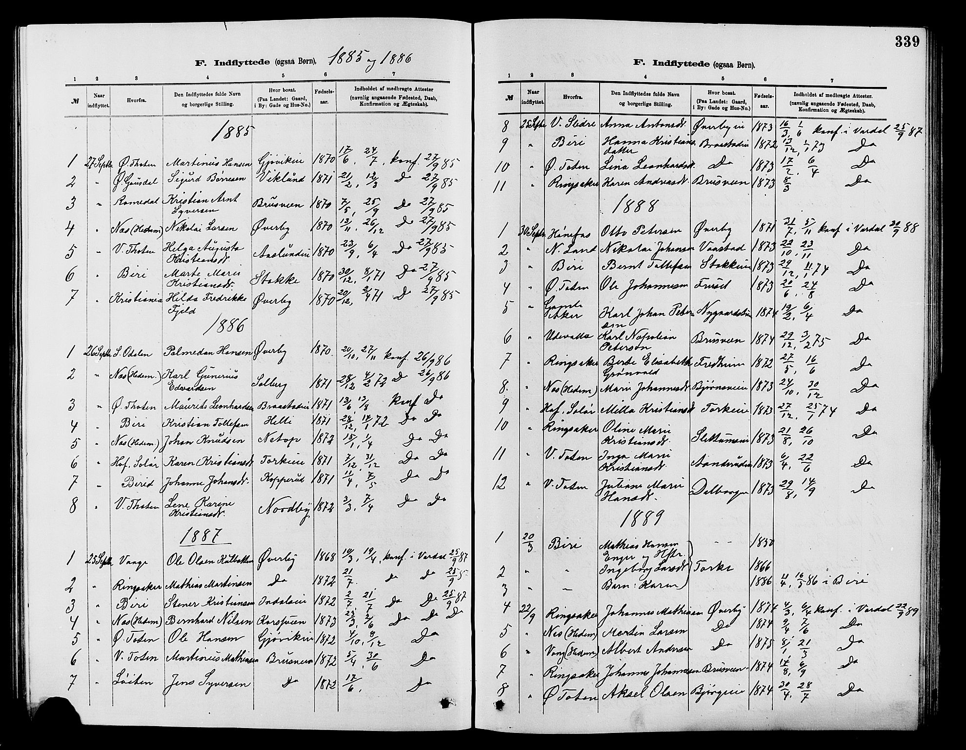 Vardal prestekontor, SAH/PREST-100/H/Ha/Hab/L0007: Parish register (copy) no. 7 /1, 1881-1895, p. 339