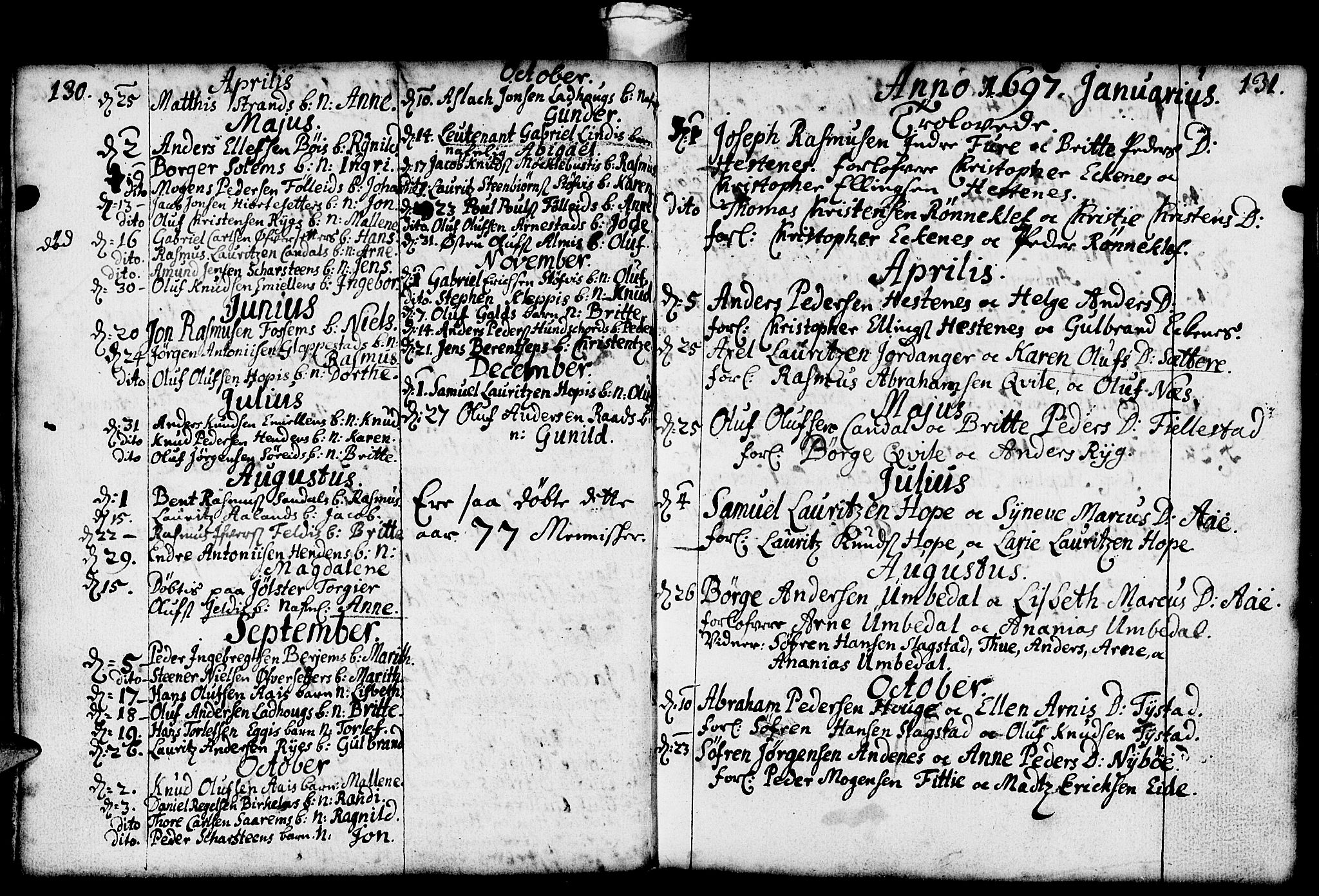 Gloppen sokneprestembete, SAB/A-80101/H/Haa/Haaa/L0001: Parish register (official) no. A 1, 1686-1711, p. 130-131