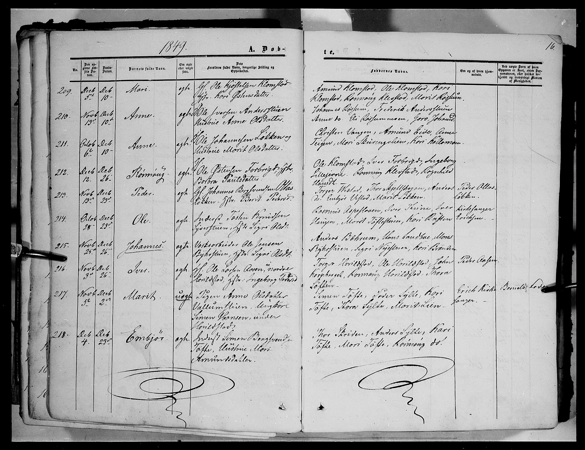 Sør-Fron prestekontor, SAH/PREST-010/H/Ha/Haa/L0001: Parish register (official) no. 1, 1849-1863, p. 16