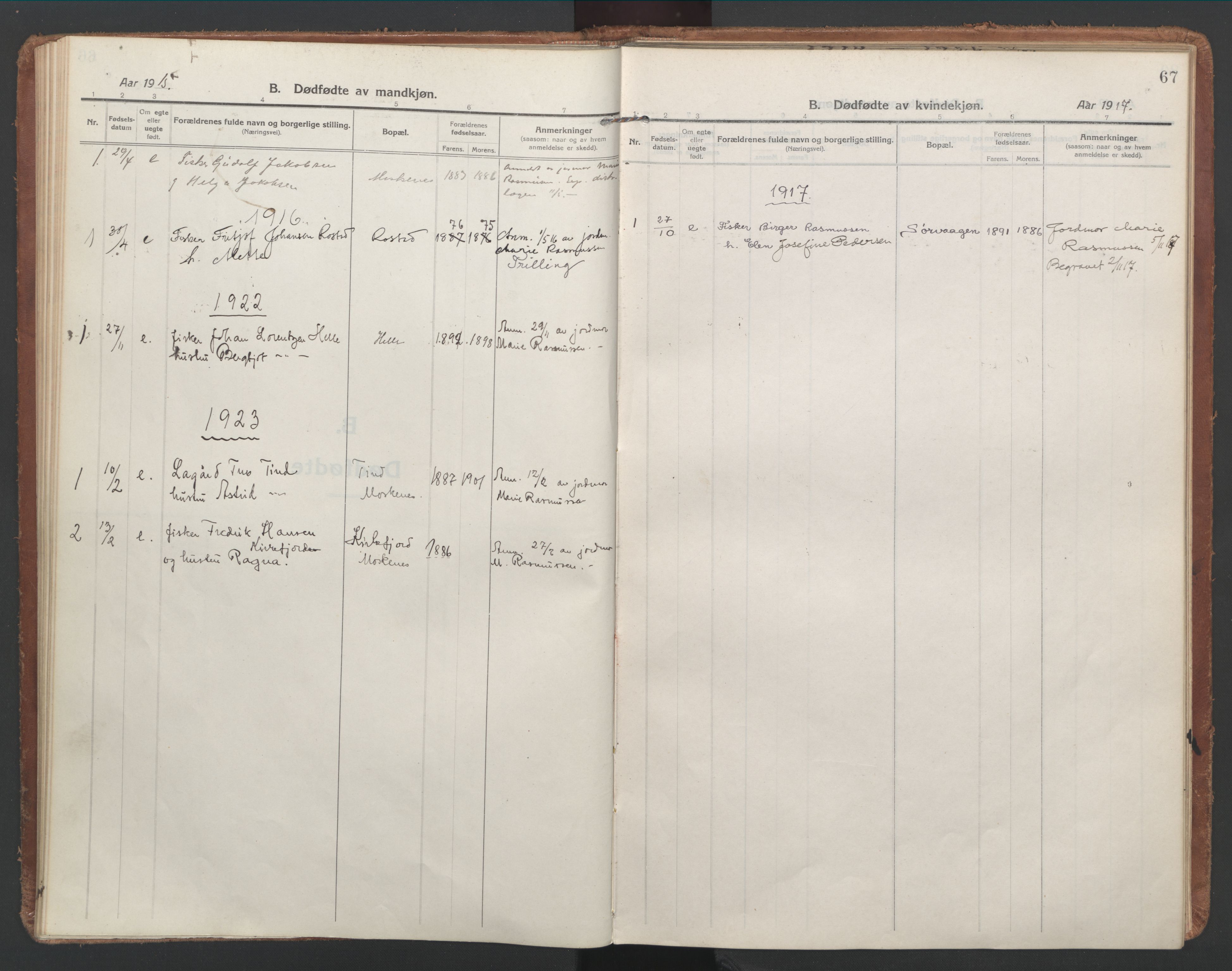 Ministerialprotokoller, klokkerbøker og fødselsregistre - Nordland, SAT/A-1459/886/L1222: Parish register (official) no. 886A04, 1914-1926, p. 67