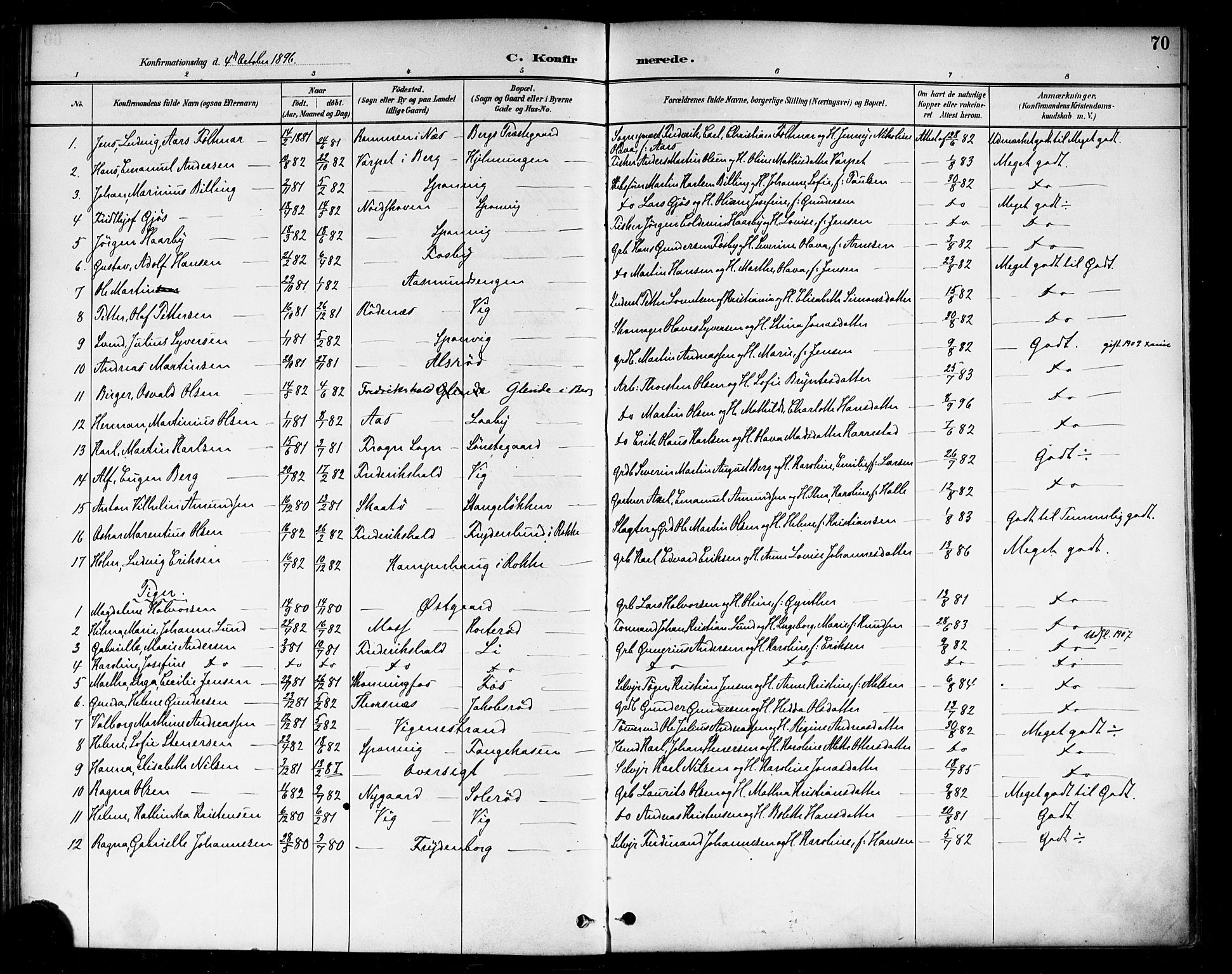 Berg prestekontor Kirkebøker, AV/SAO-A-10902/F/Fa/L0007: Parish register (official) no. I 7, 1888-1902, p. 70