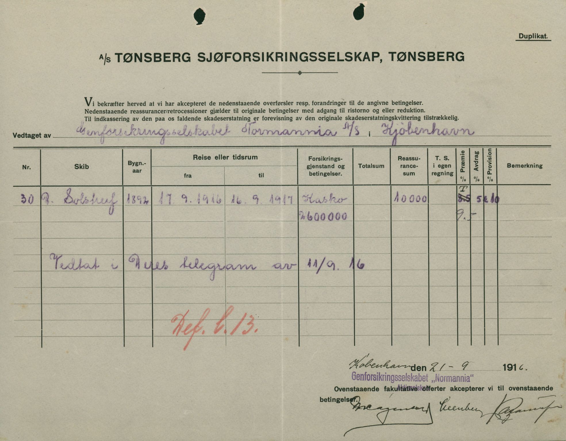 Pa 664 - Tønsberg Sjøforsikringsselskap, VEMU/A-1773/F/L0001: Forsikringspoliser, 1915-1918