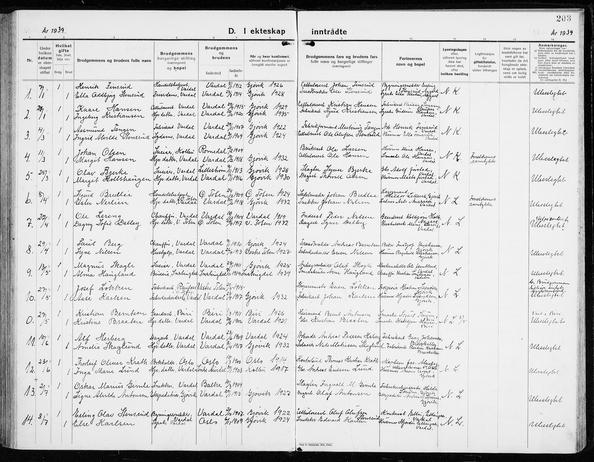 Vardal prestekontor, AV/SAH-PREST-100/H/Ha/Haa/L0018: Parish register (official) no. 18, 1930-1945, p. 203