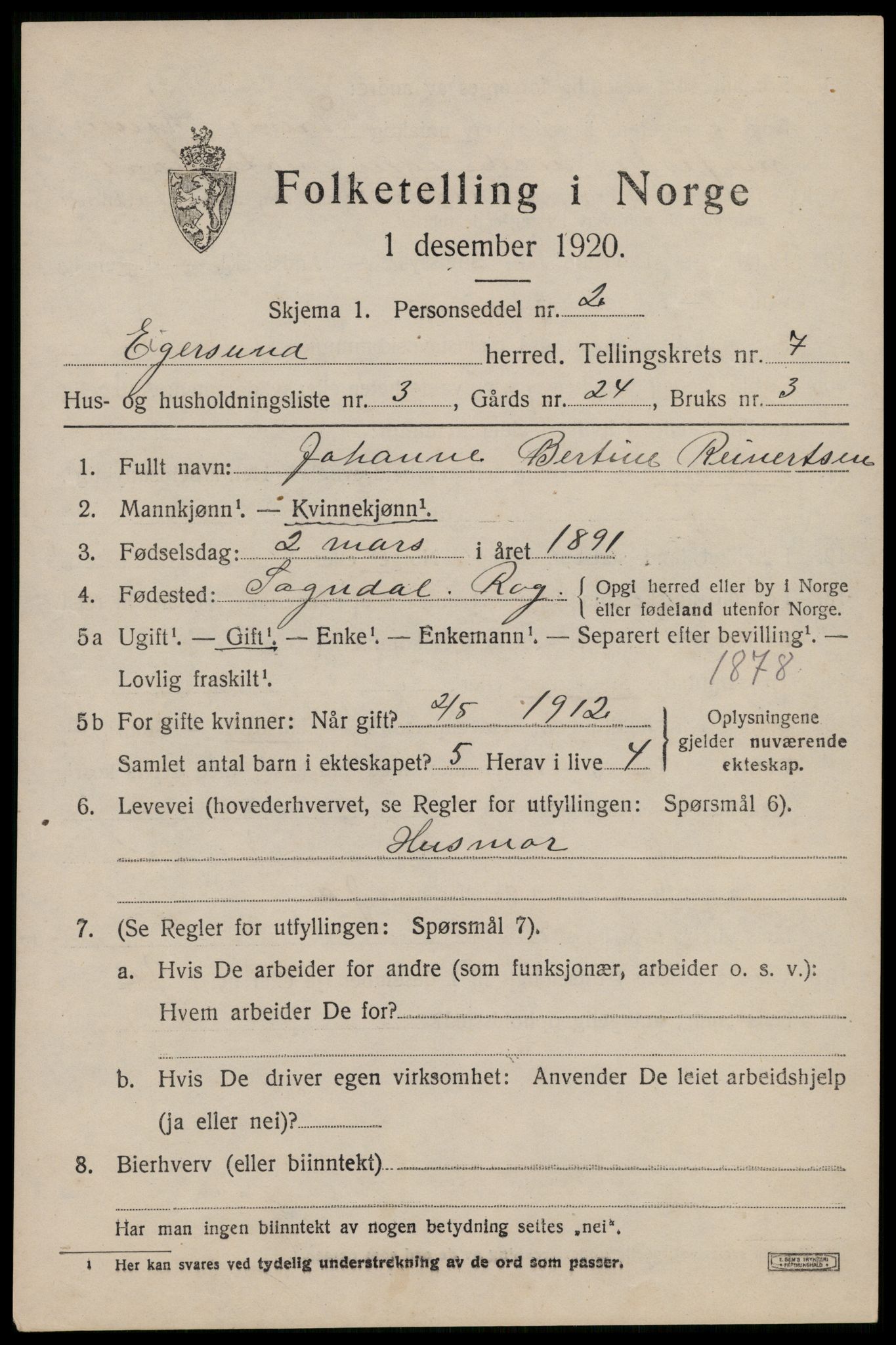 SAST, 1920 census for Eigersund, 1920, p. 4655