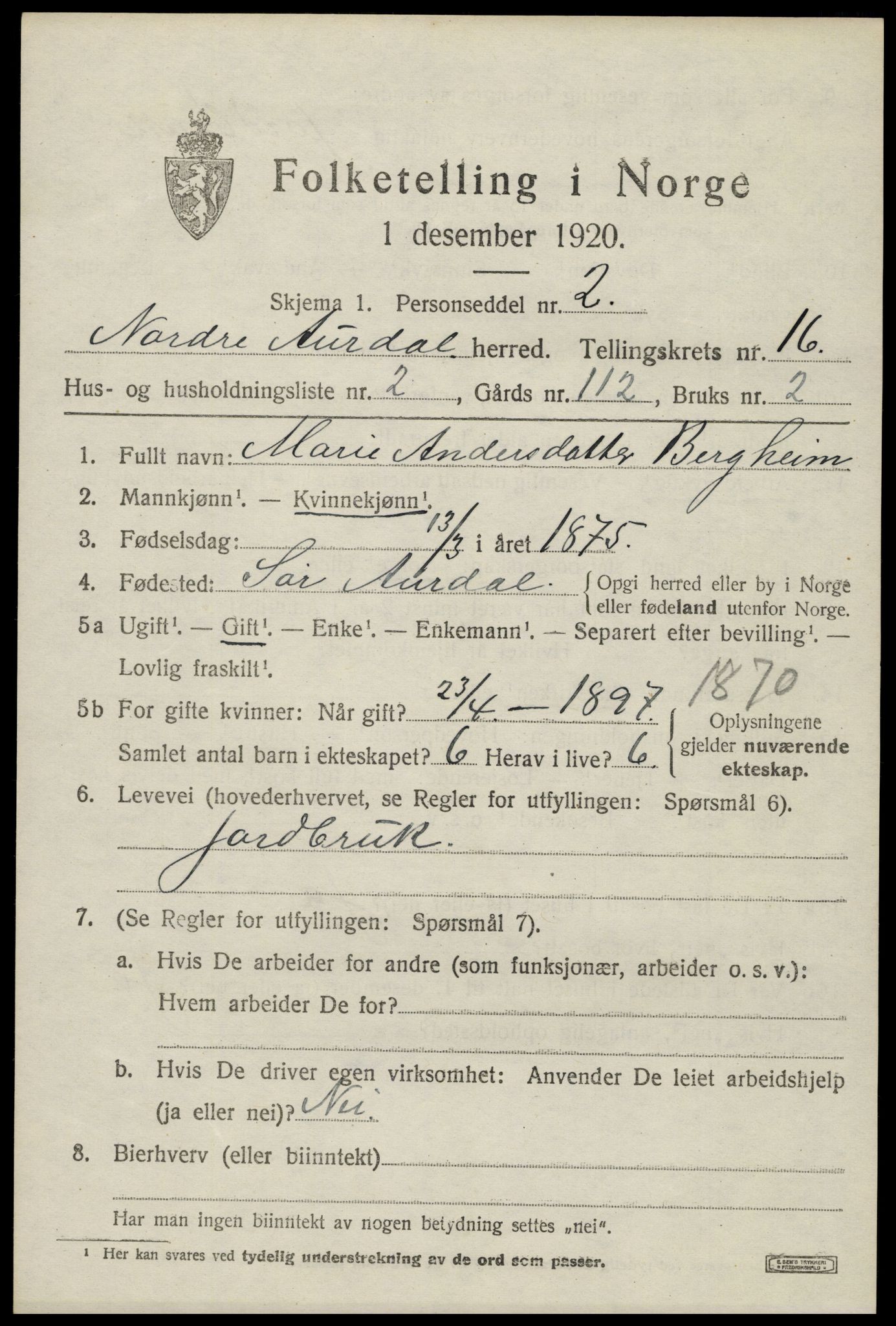 SAH, 1920 census for Nord-Aurdal, 1920, p. 11756