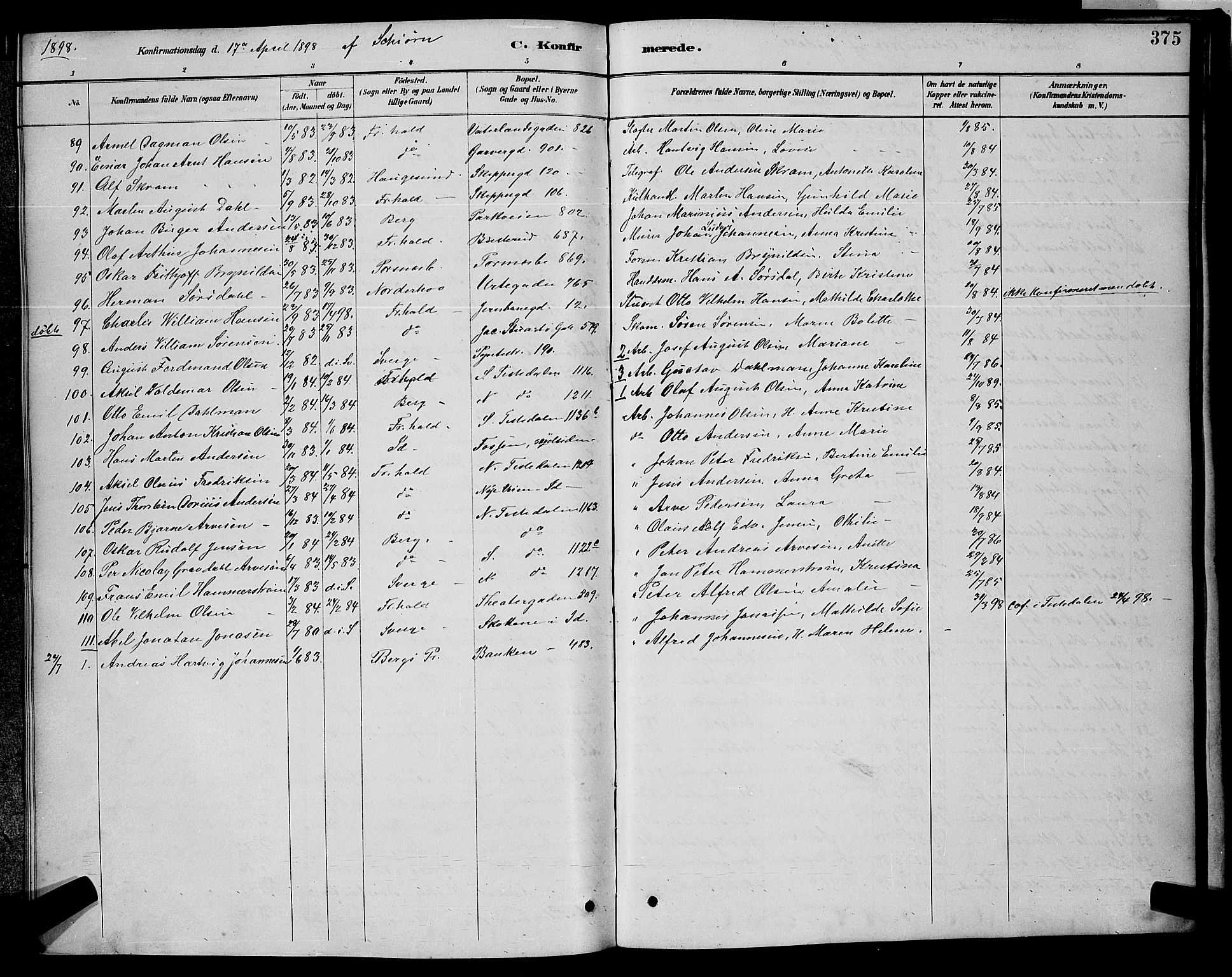 Halden prestekontor Kirkebøker, SAO/A-10909/G/Ga/L0008: Parish register (copy) no. 8, 1885-1899, p. 375
