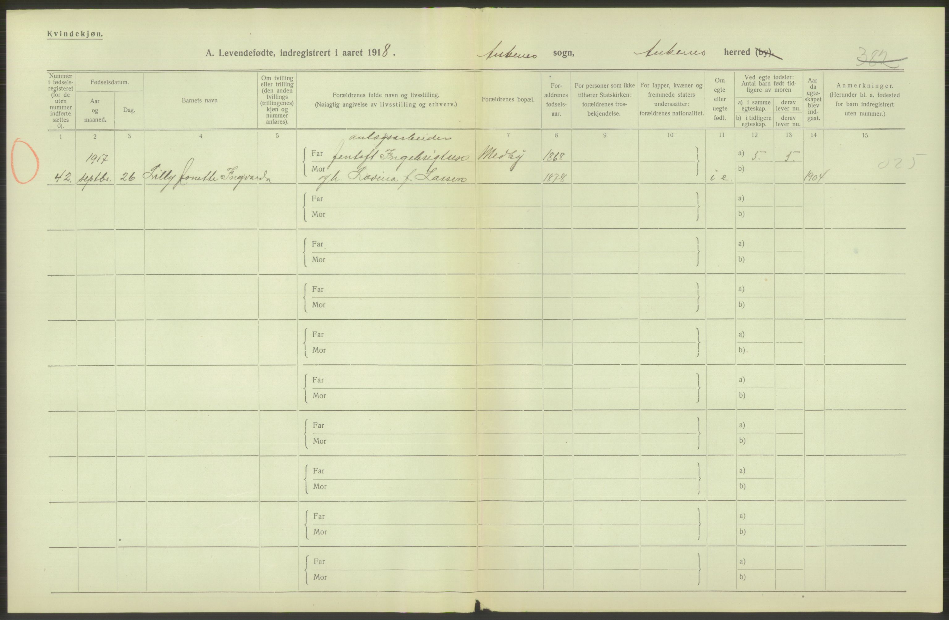 Statistisk sentralbyrå, Sosiodemografiske emner, Befolkning, RA/S-2228/D/Df/Dfb/Dfbh/L0052: Nordland fylke: Levendefødte menn og kvinner. Bygder., 1918, p. 282