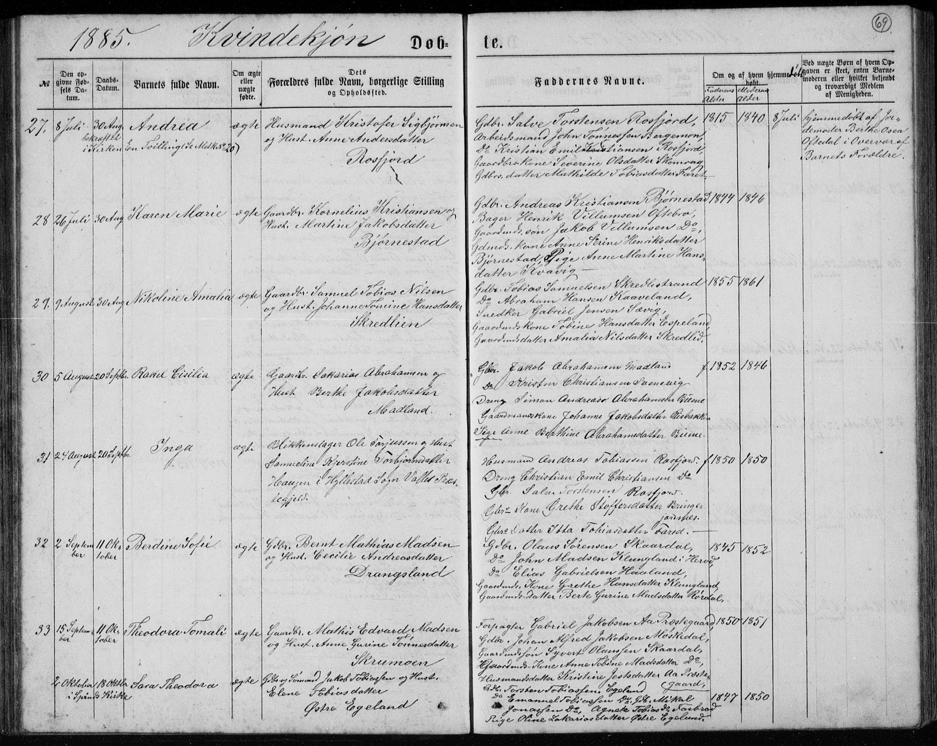 Lyngdal sokneprestkontor, AV/SAK-1111-0029/F/Fb/Fbc/L0004: Parish register (copy) no. B 4, 1878-1896, p. 69