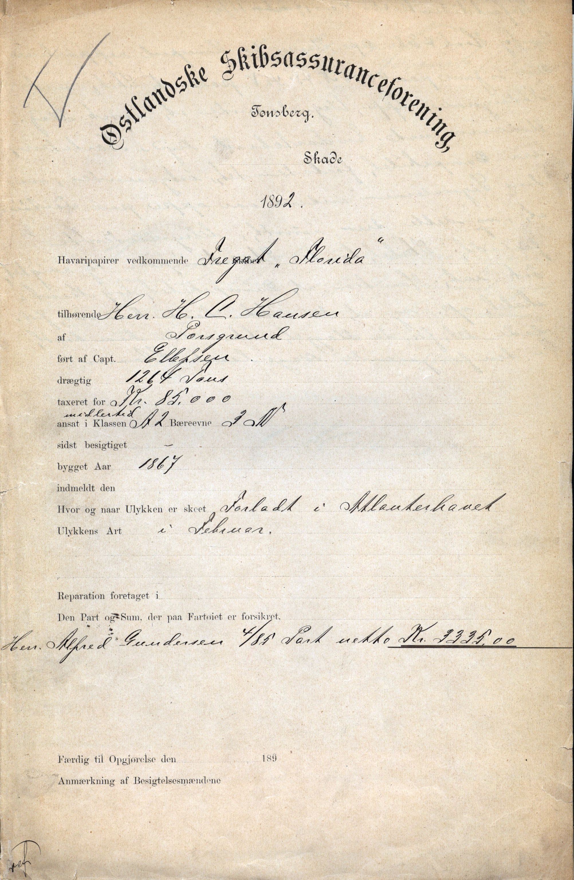 Pa 63 - Østlandske skibsassuranceforening, VEMU/A-1079/G/Ga/L0029/0007: Havaridokumenter / Diamant, Foldin, Aise, Florida, Flora, 1892, p. 120