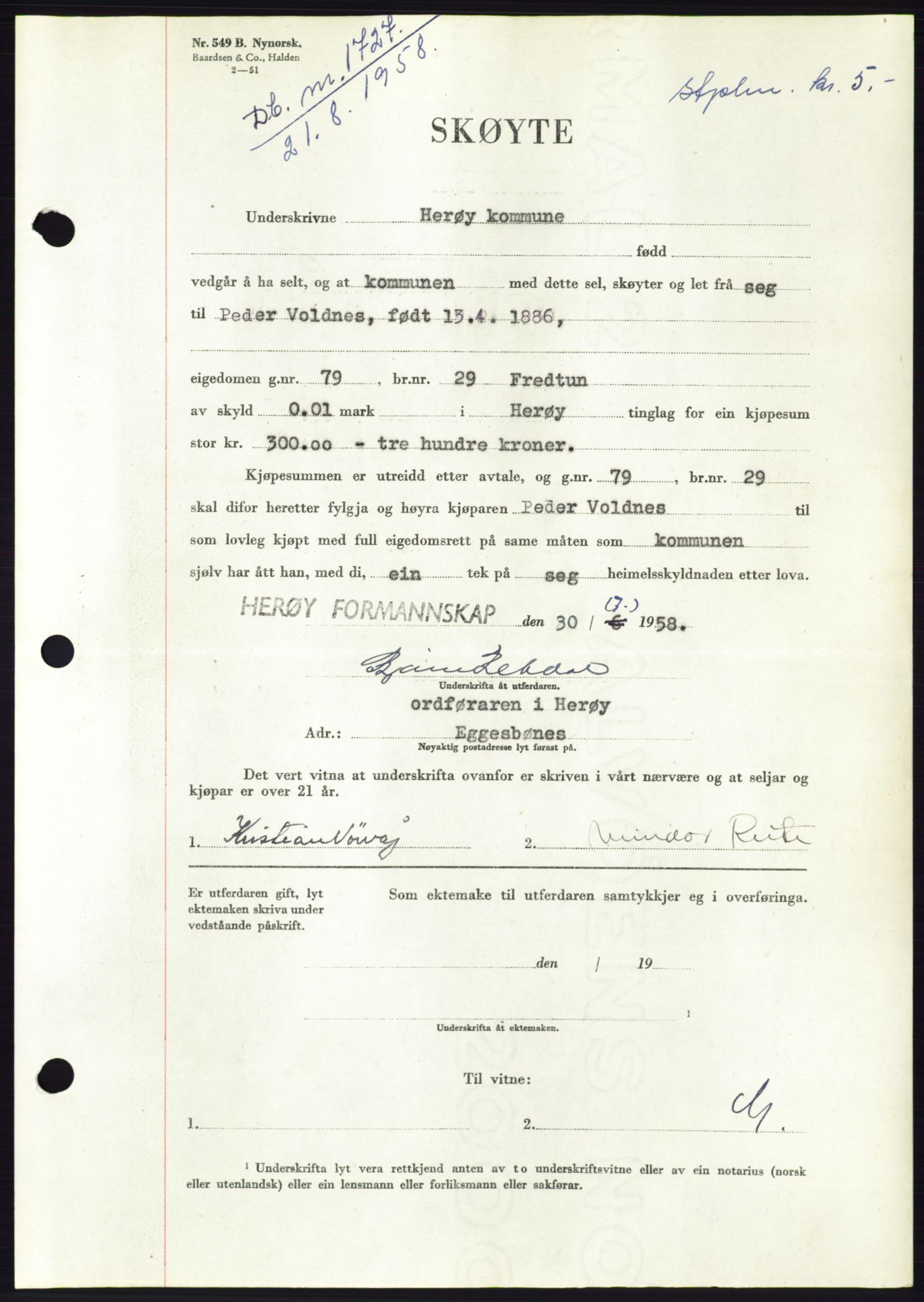 Søre Sunnmøre sorenskriveri, AV/SAT-A-4122/1/2/2C/L0110: Mortgage book no. 36A, 1958-1958, Diary no: : 1727/1958