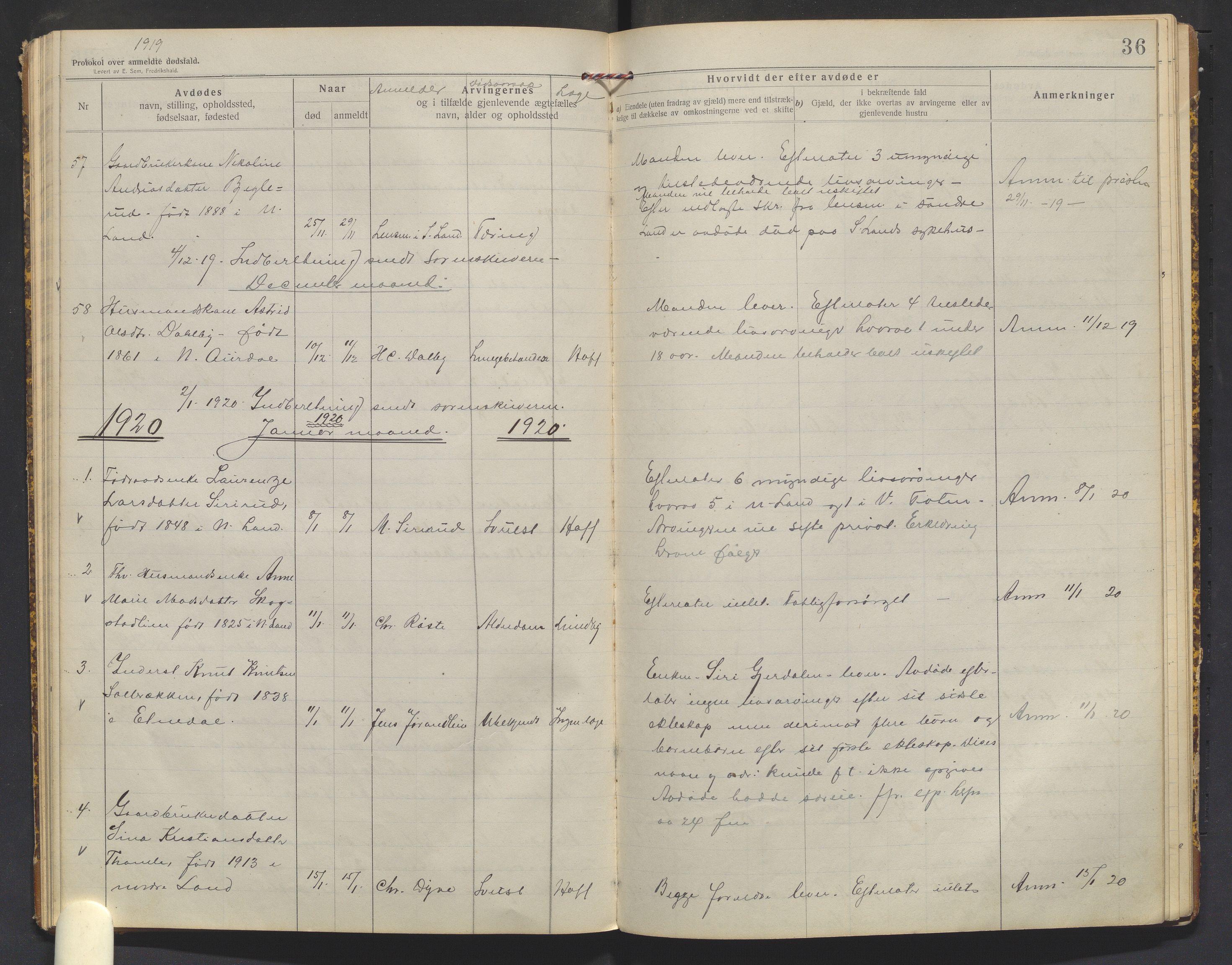 Nordre Land lensmannskontor, SAH/LON-013/H/Ha/Haa/L0001/0003: Dødsfallsprotokoller / Dødsfallsprotokoll, 1916-1921, p. 36