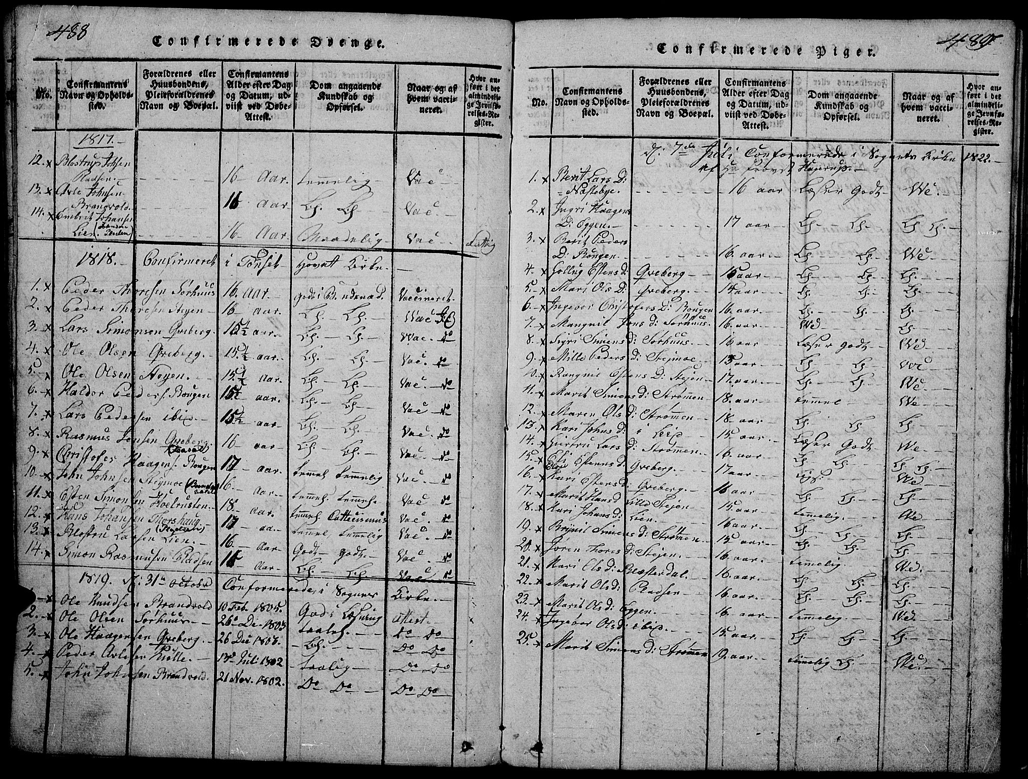 Tynset prestekontor, SAH/PREST-058/H/Ha/Hab/L0002: Parish register (copy) no. 2, 1814-1862, p. 488-489