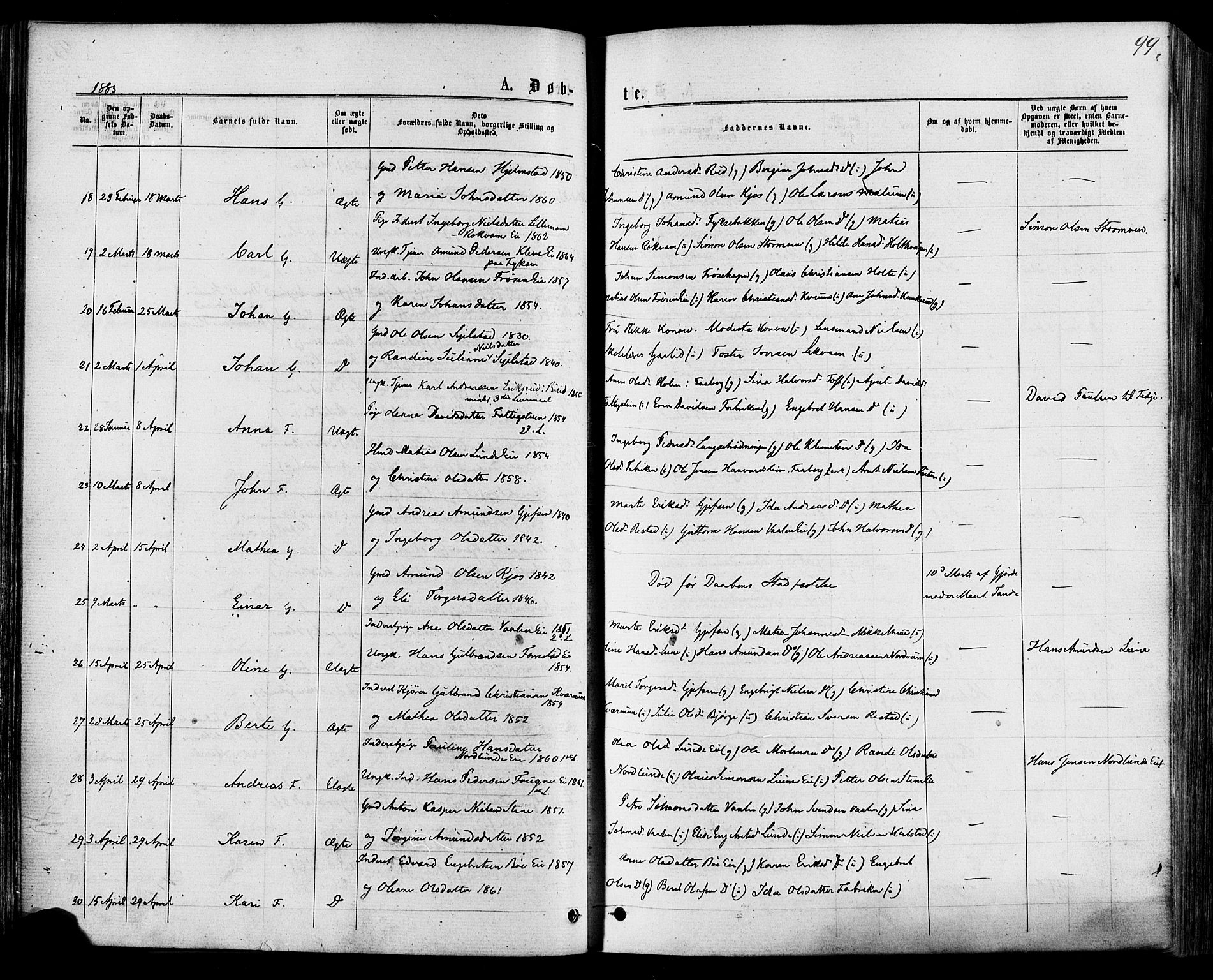 Østre Gausdal prestekontor, AV/SAH-PREST-092/H/Ha/Haa/L0001: Parish register (official) no. 1, 1874-1886, p. 99