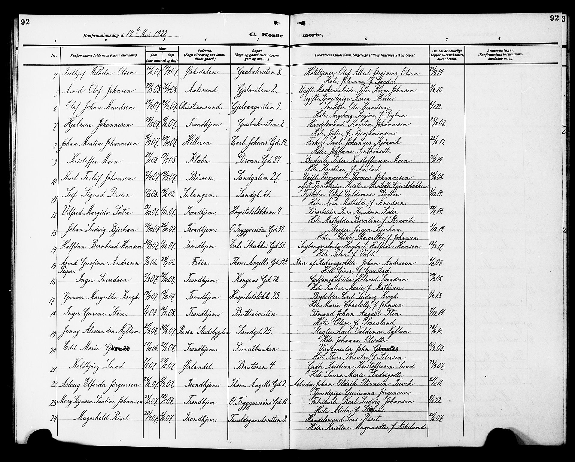 Ministerialprotokoller, klokkerbøker og fødselsregistre - Sør-Trøndelag, SAT/A-1456/602/L0147: Parish register (copy) no. 602C15, 1911-1924, p. 92
