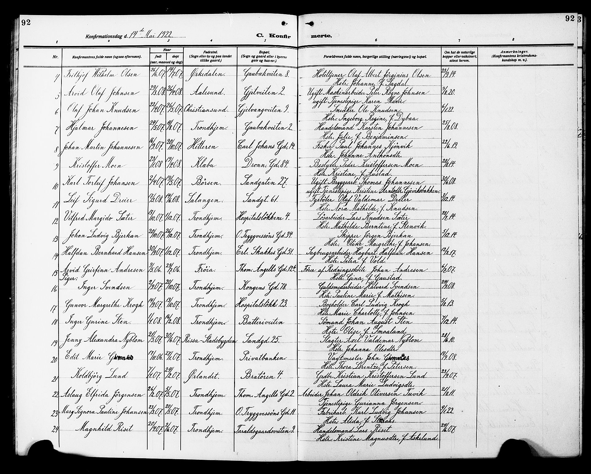 Ministerialprotokoller, klokkerbøker og fødselsregistre - Sør-Trøndelag, AV/SAT-A-1456/602/L0147: Parish register (copy) no. 602C15, 1911-1924, p. 92