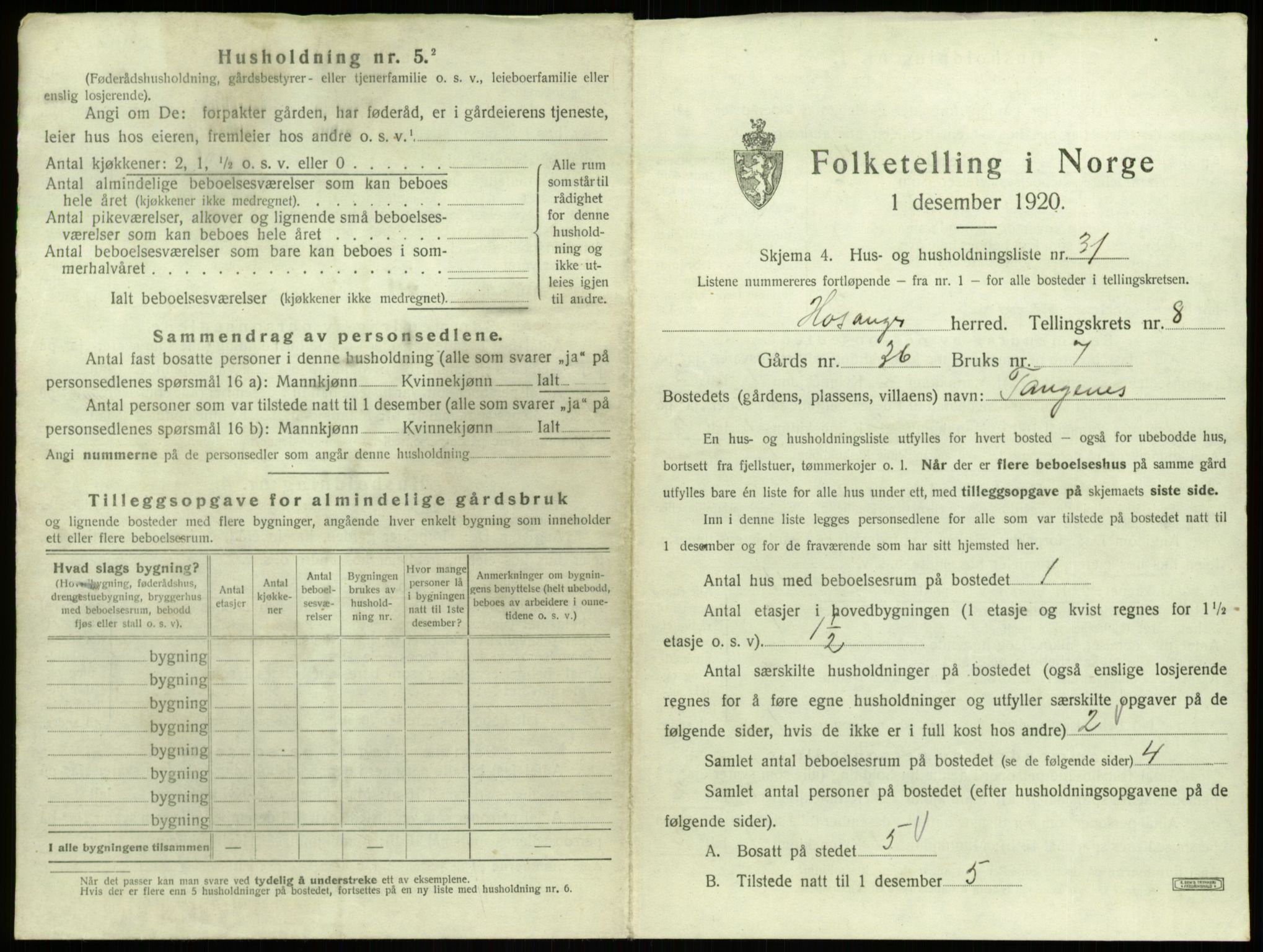 SAB, 1920 census for Hosanger, 1920, p. 486