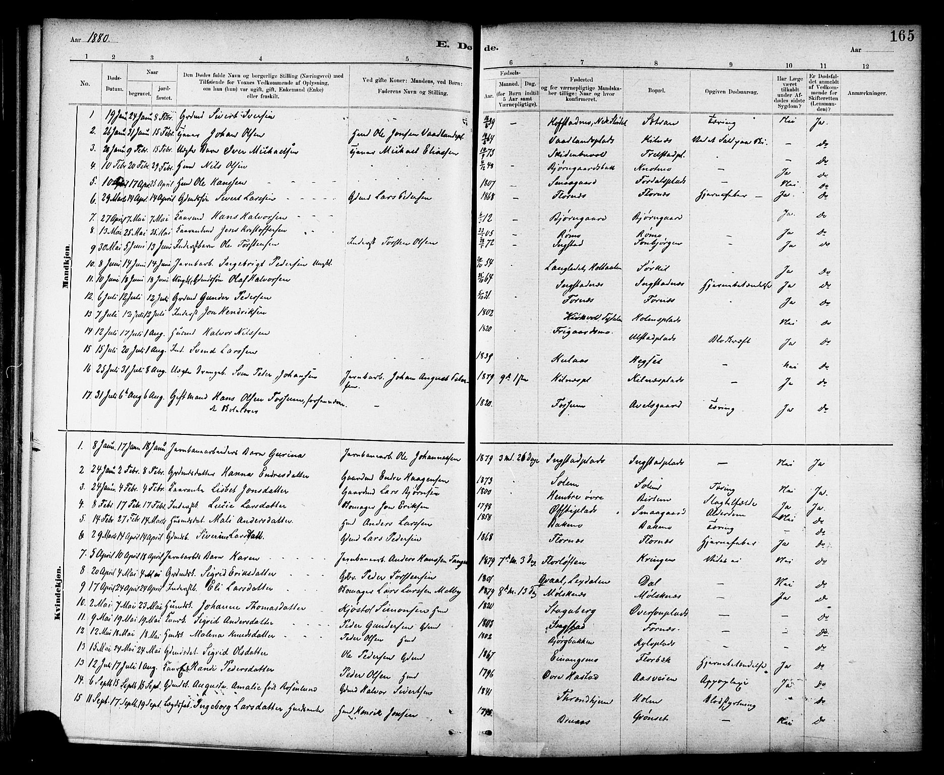 Ministerialprotokoller, klokkerbøker og fødselsregistre - Nord-Trøndelag, SAT/A-1458/703/L0030: Parish register (official) no. 703A03, 1880-1892, p. 165