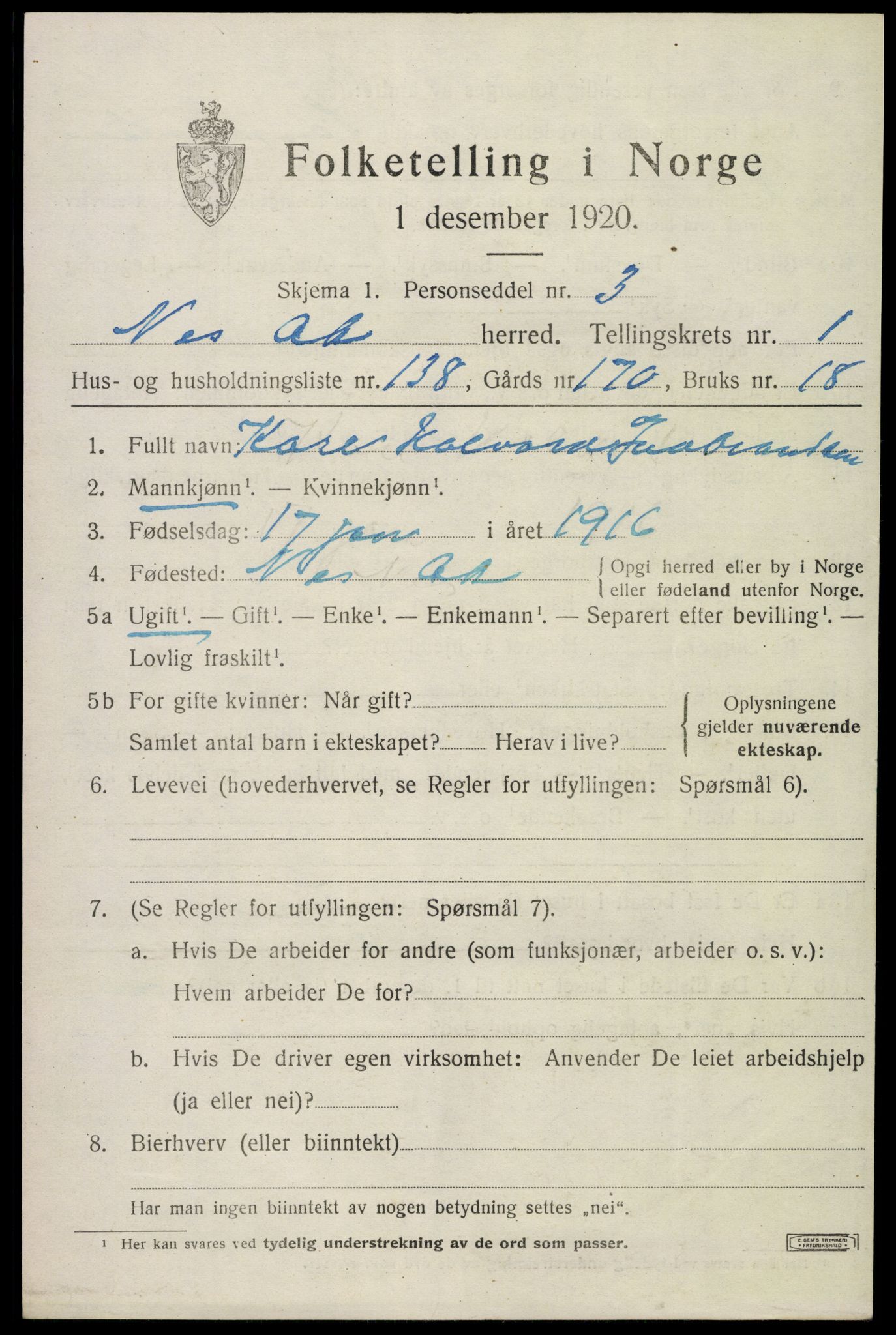 SAO, 1920 census for Nes, 1920, p. 5108