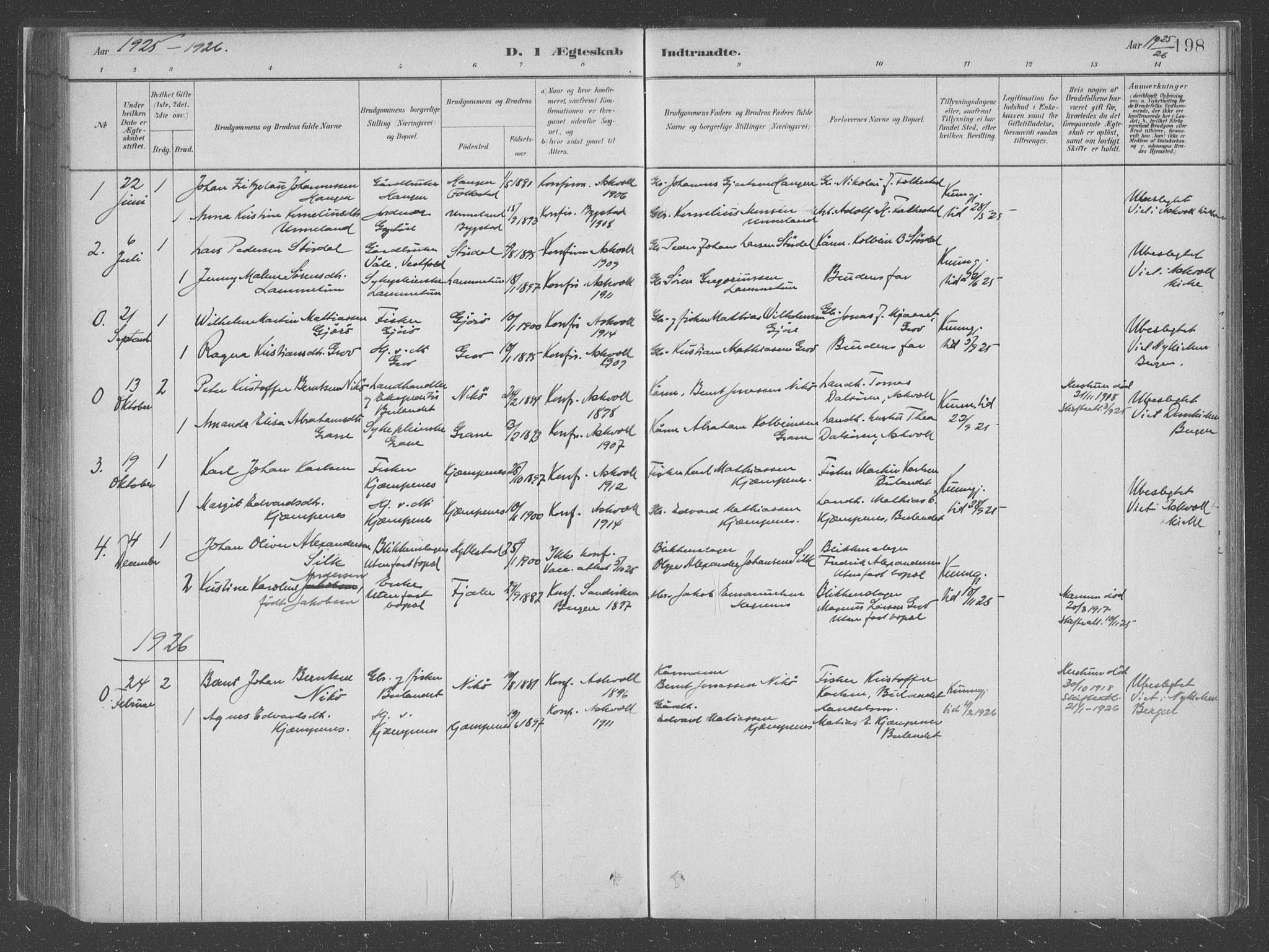 Askvoll sokneprestembete, SAB/A-79501/H/Haa/Haac/L0001: Parish register (official) no. C  1, 1879-1922, p. 198