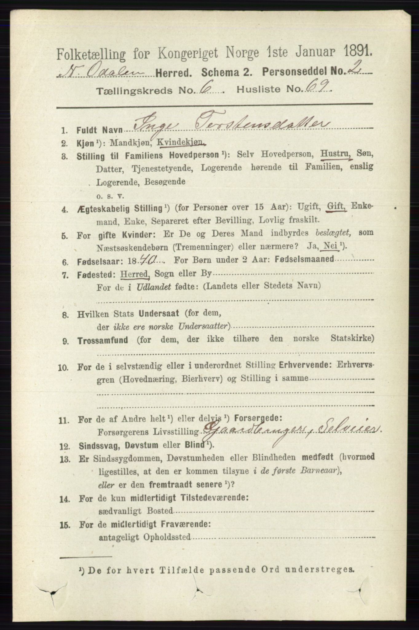 RA, 1891 census for 0418 Nord-Odal, 1891, p. 2761